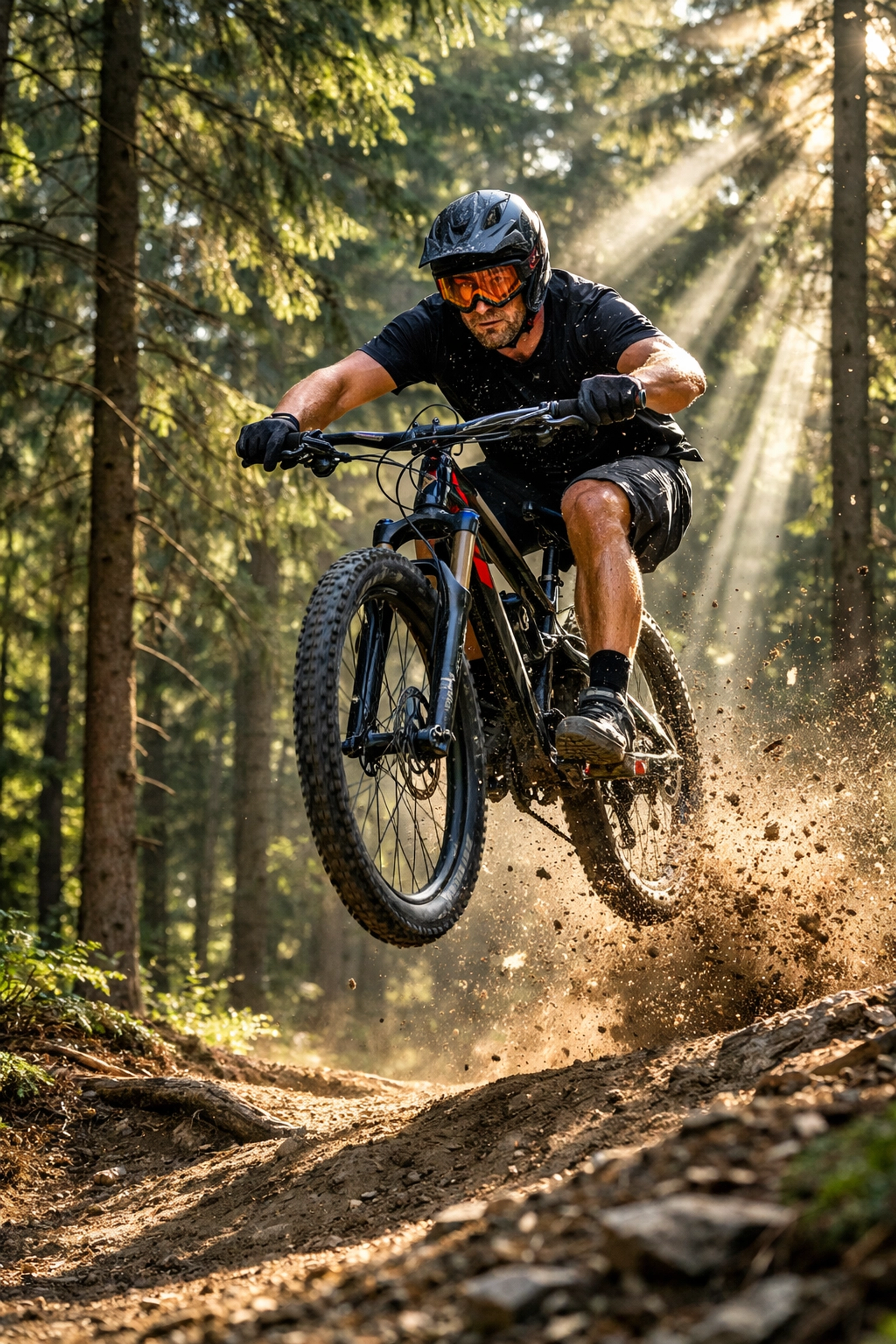 Action photo of a mountain biker frozen in motion using fast shutter speed camera settings.