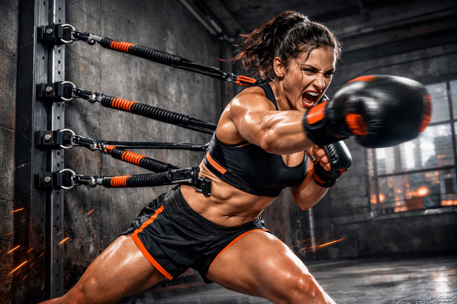 MMA athlete doing resistance training with a versatile home gym system for explosive power.