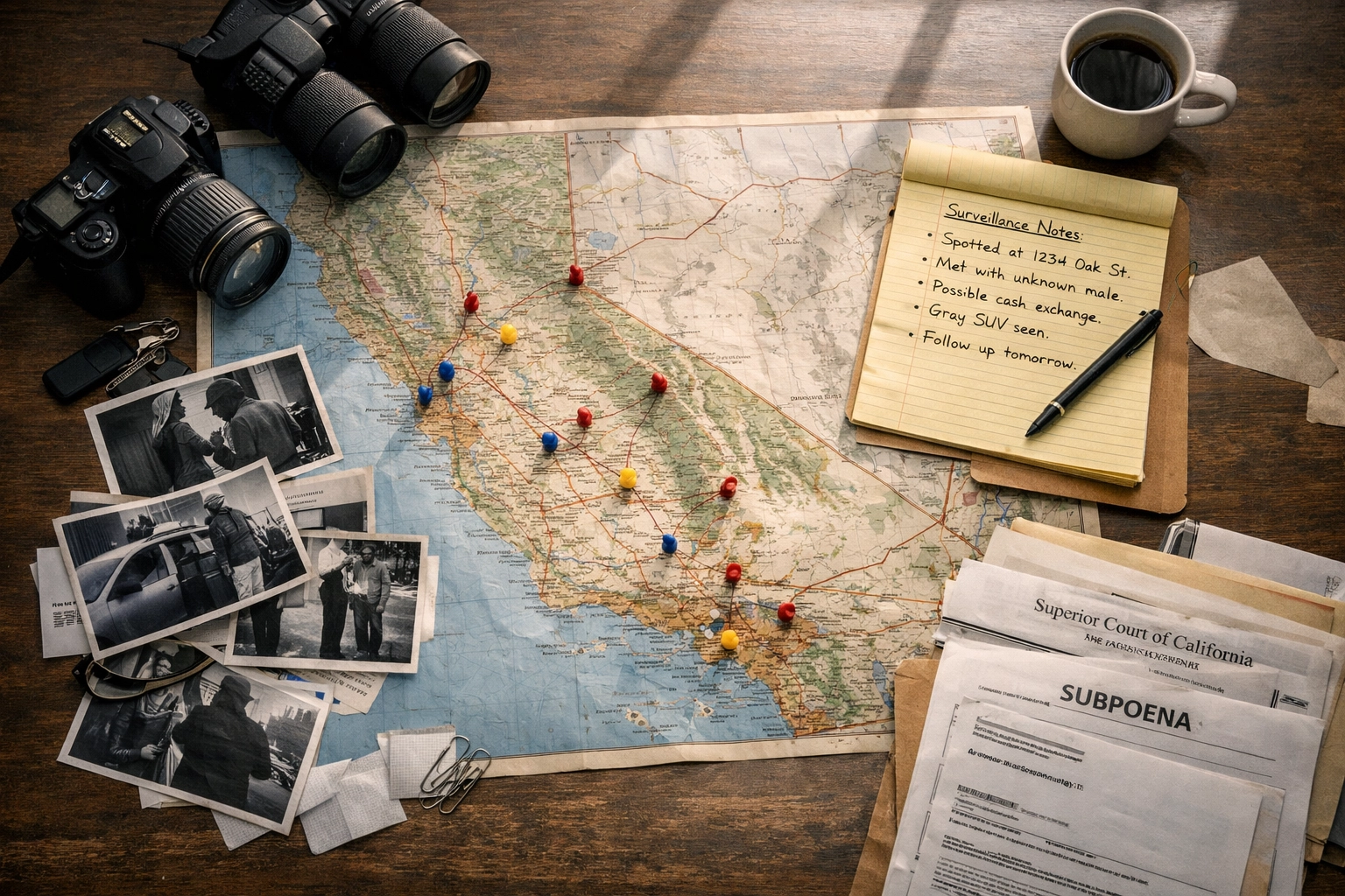 Investigation workspace with California map, surveillance photos, and process service documents