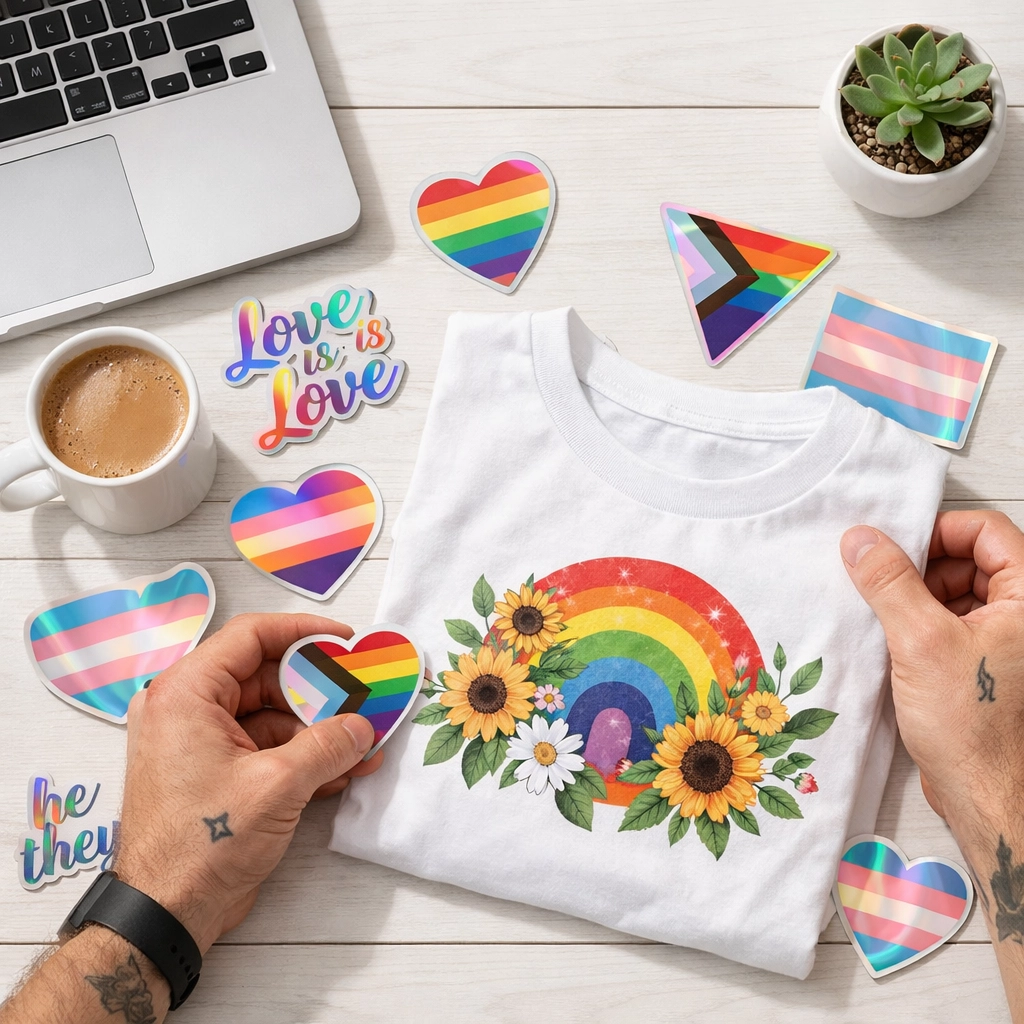 A queer creator arranging holographic pride stickers and a custom rainbow t-shirt in a minimalist workspace.