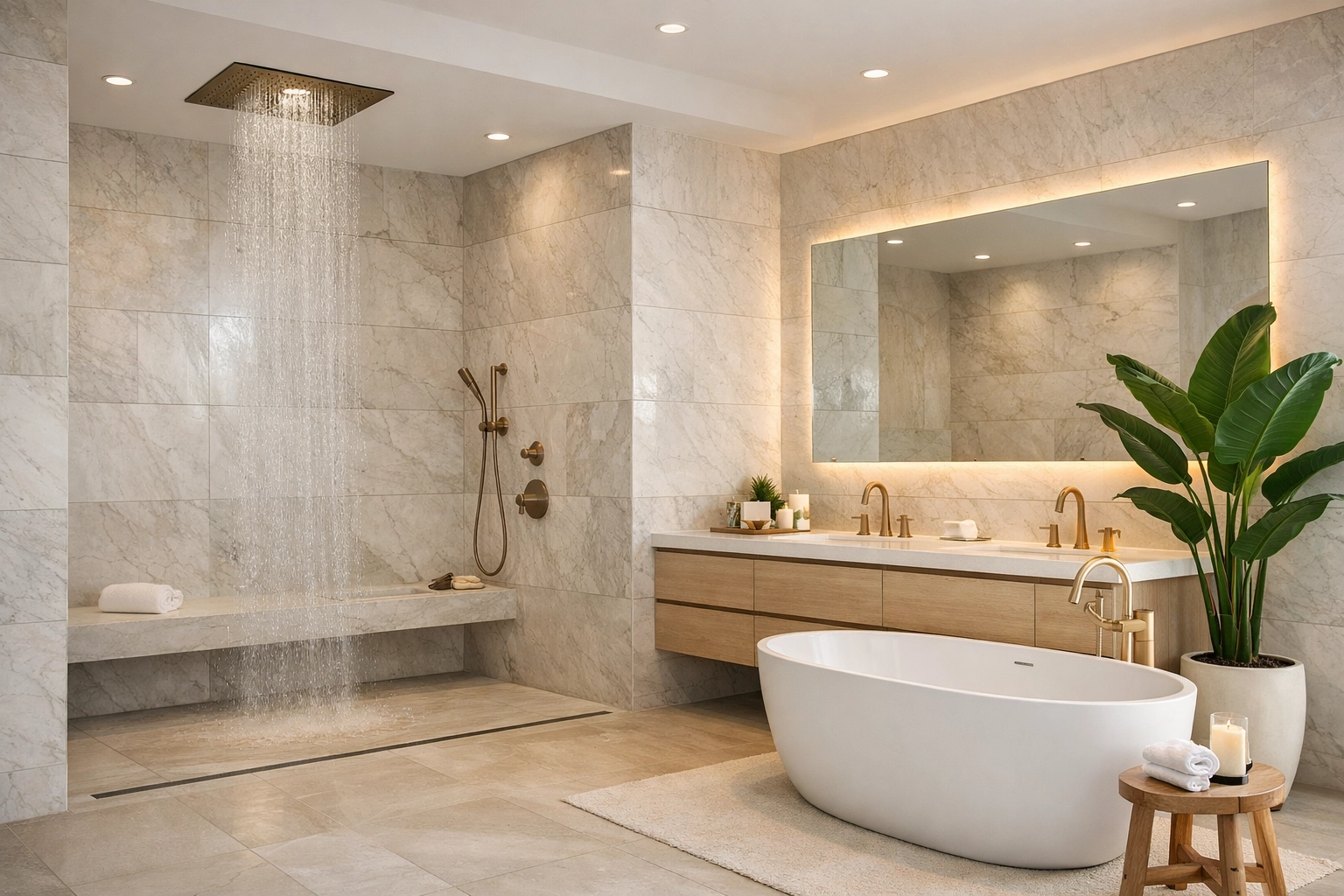 Luxury bathroom renovation Orlando showing a spa-like master bath with marble tiles and a freestanding tub.