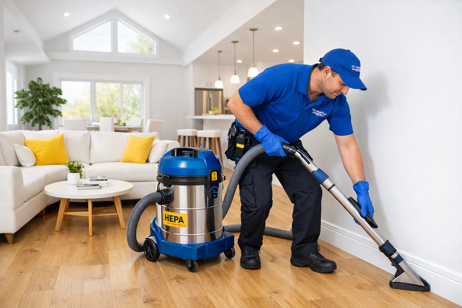 Specialist using a HEPA vacuum for post construction cleaning Franklin in a modern living room.