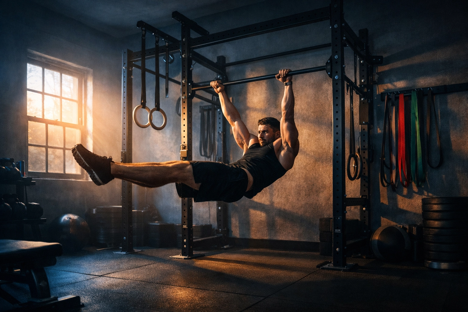 Athlete training in dedicated home gym space with floor-to-ceiling resistance system