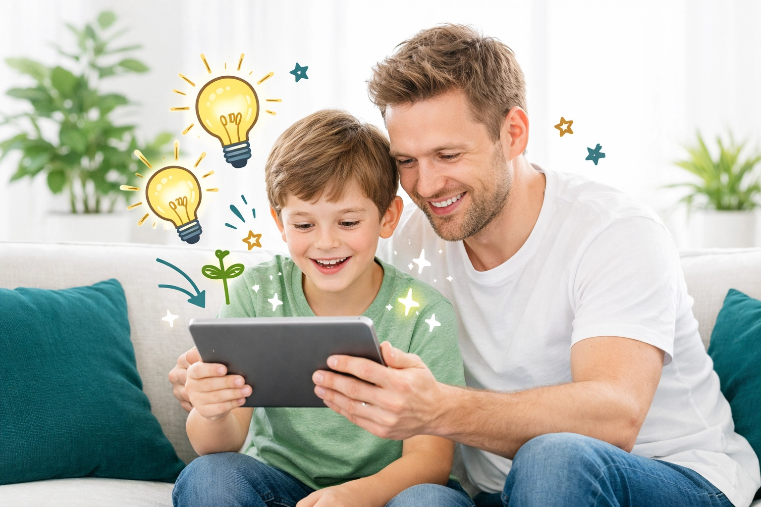 Father and son using the Complete Life Skills Platform on a tablet for family-centered life skills training.