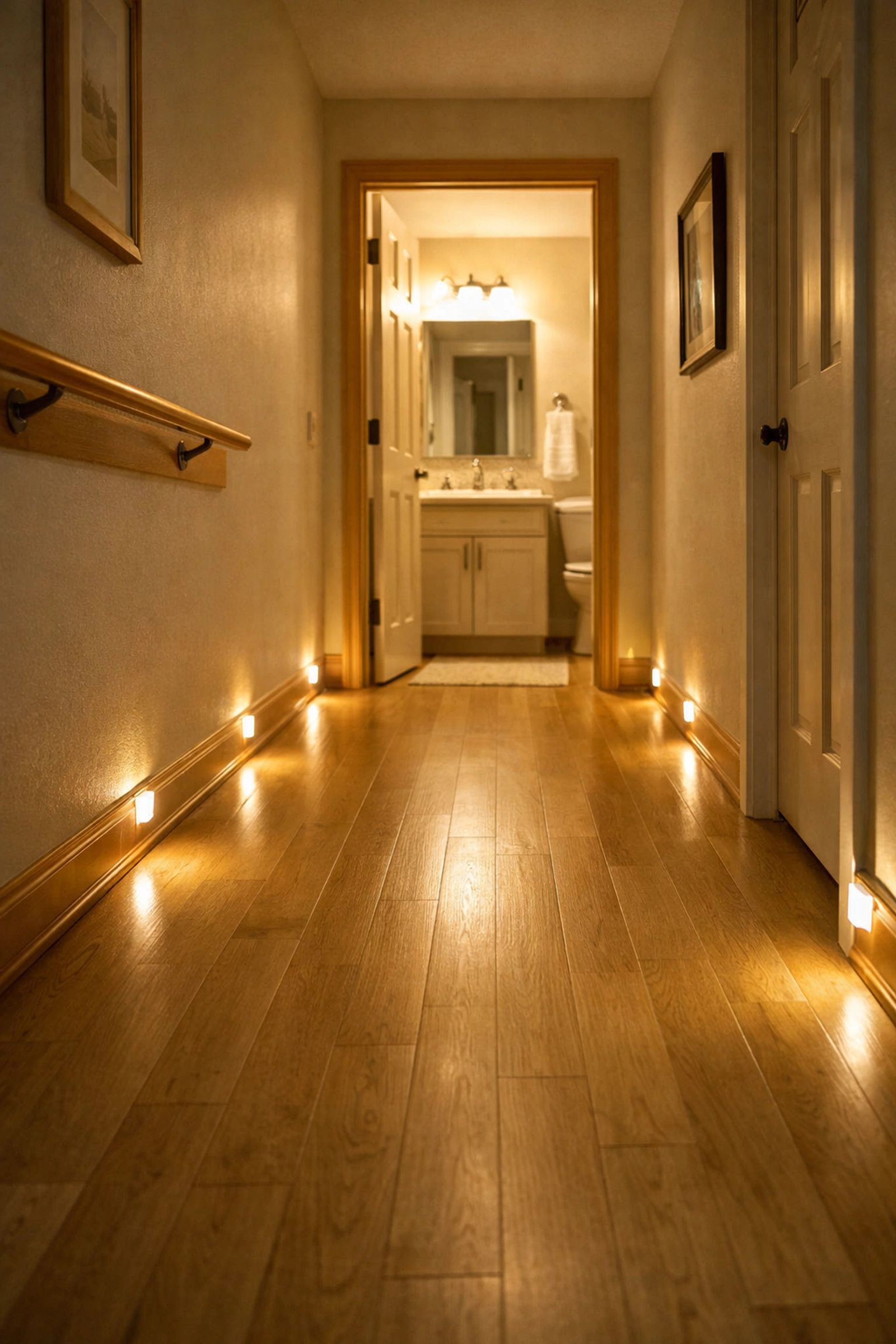 Motion-sensor nightlights illuminating a safe hallway path for senior fall prevention at night.
