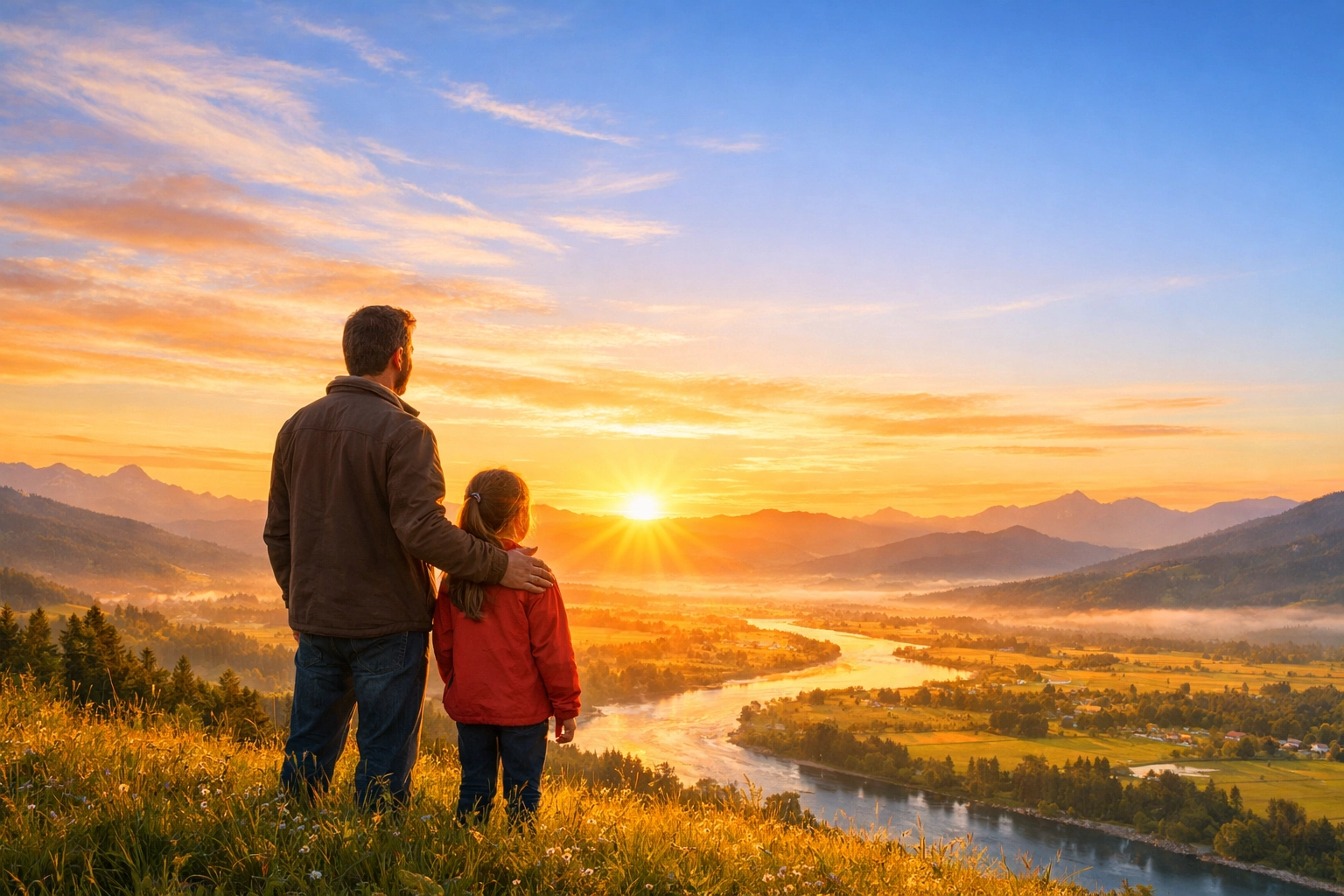 Father and daughter witnessing a sunrise, symbolizing trust in God's sovereignty and beautiful timing.
