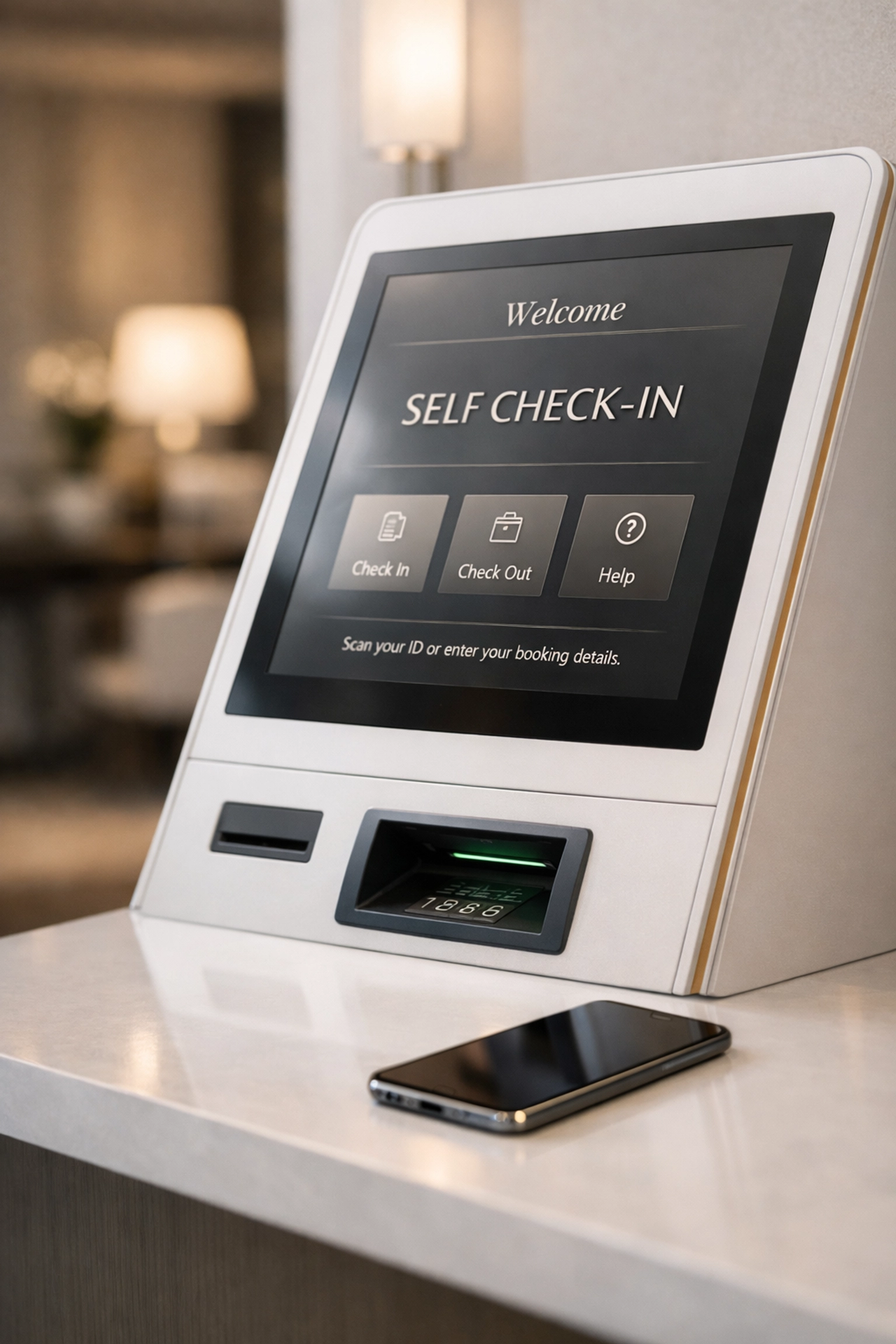 Self-check-in kiosk with touchscreen in hotel lobby for contactless guest arrivals