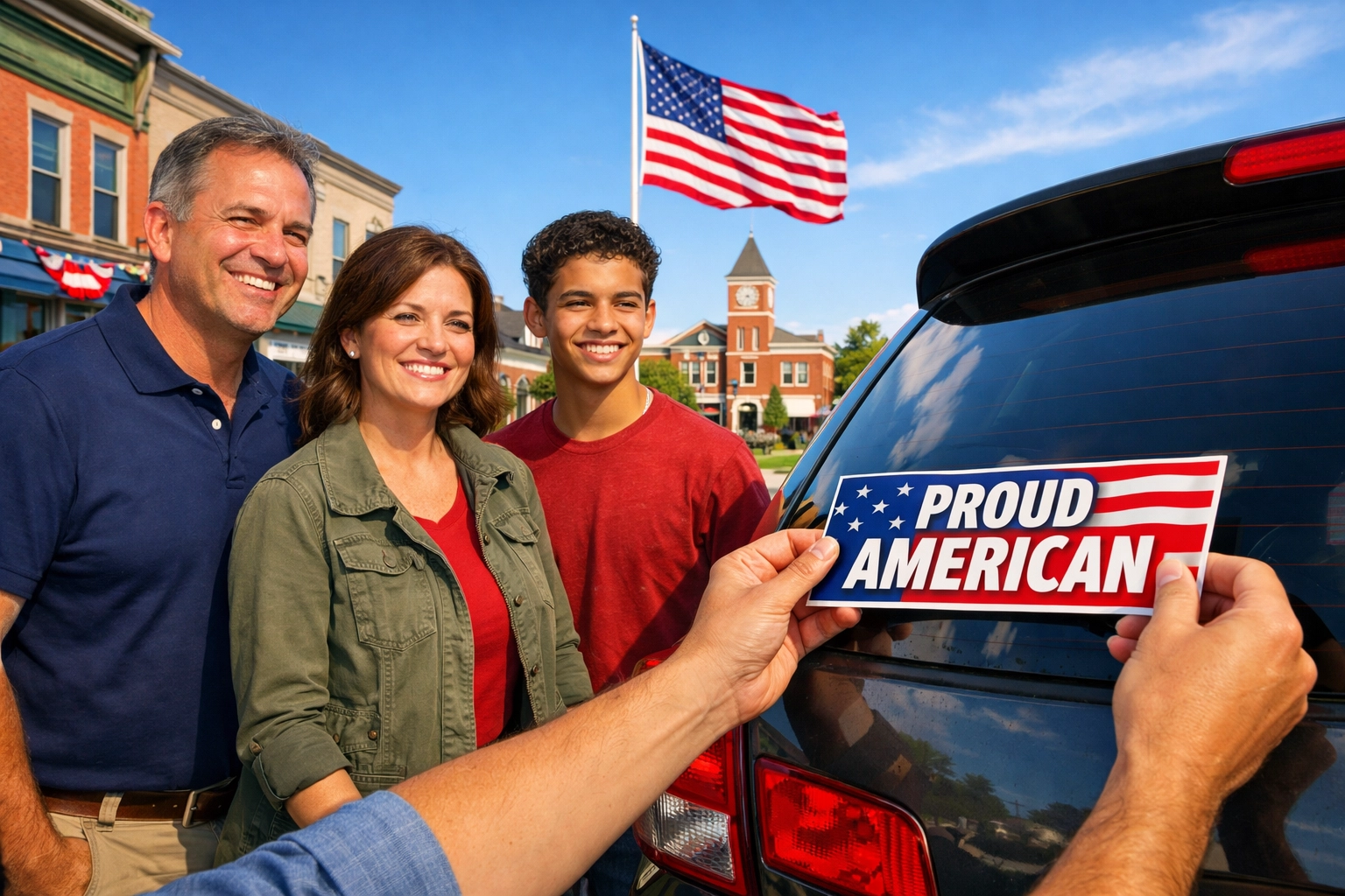 Community members applying a patriotic bumper sticker to support Pledge Allegiance and civic pride.