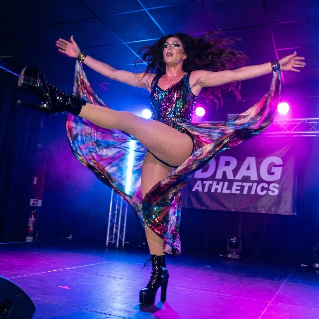 Drag queen in high-energy dance performance with athletic choreography on stage