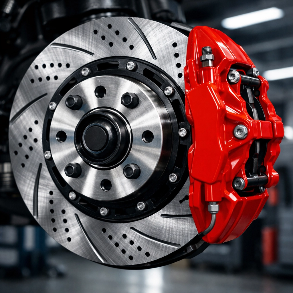Close-up of a brake disc and red caliper, showing essential components for reliable brake repair in Chicago.