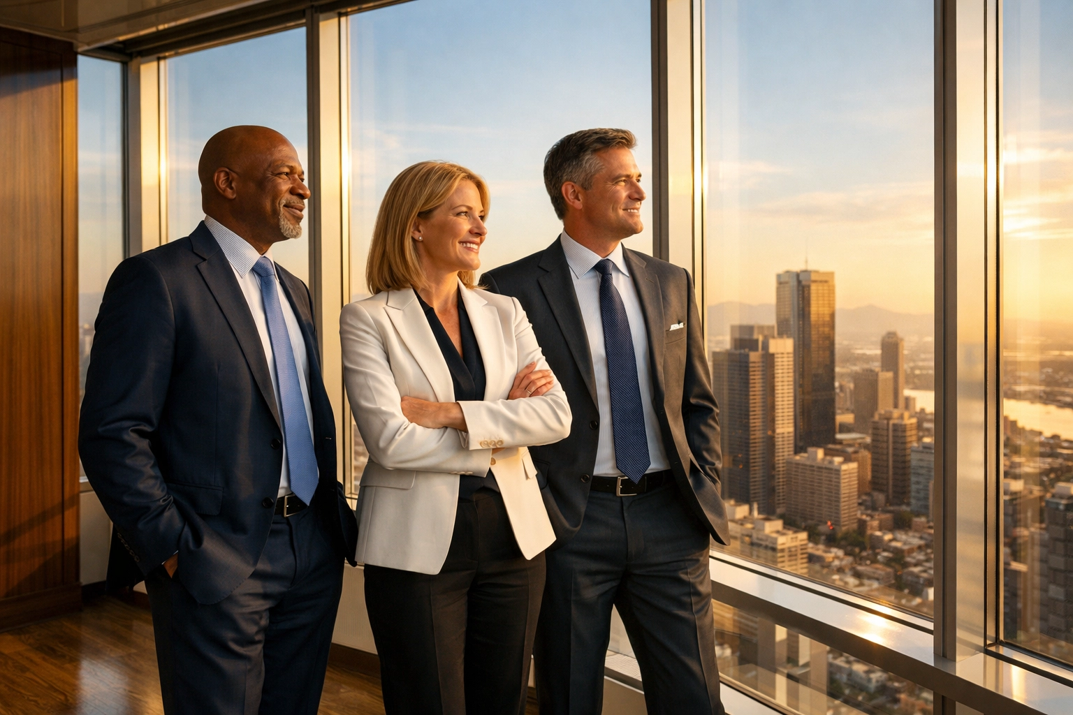 Looking For A Super Bowl Brand Presence? Here Are 10 Things You Should Know Before Booking Confident executives in a modern office celebrating successful ROI from a Super Bowl brand presence campaign.