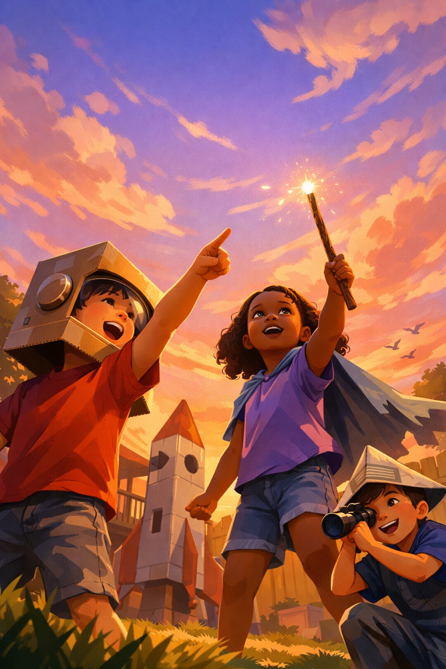 Children playing imaginatively with cardboard spaceship, childlike faith and joy