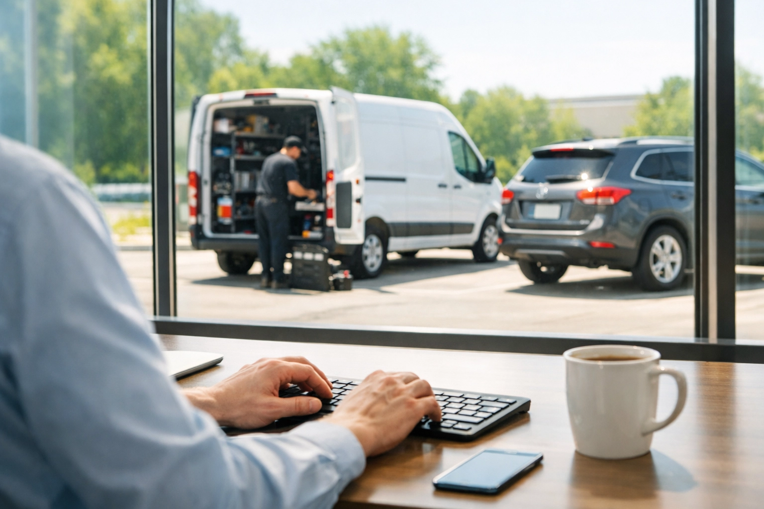Green Bay professional working at a desk while a mobile mechanic performs an oil change outside.