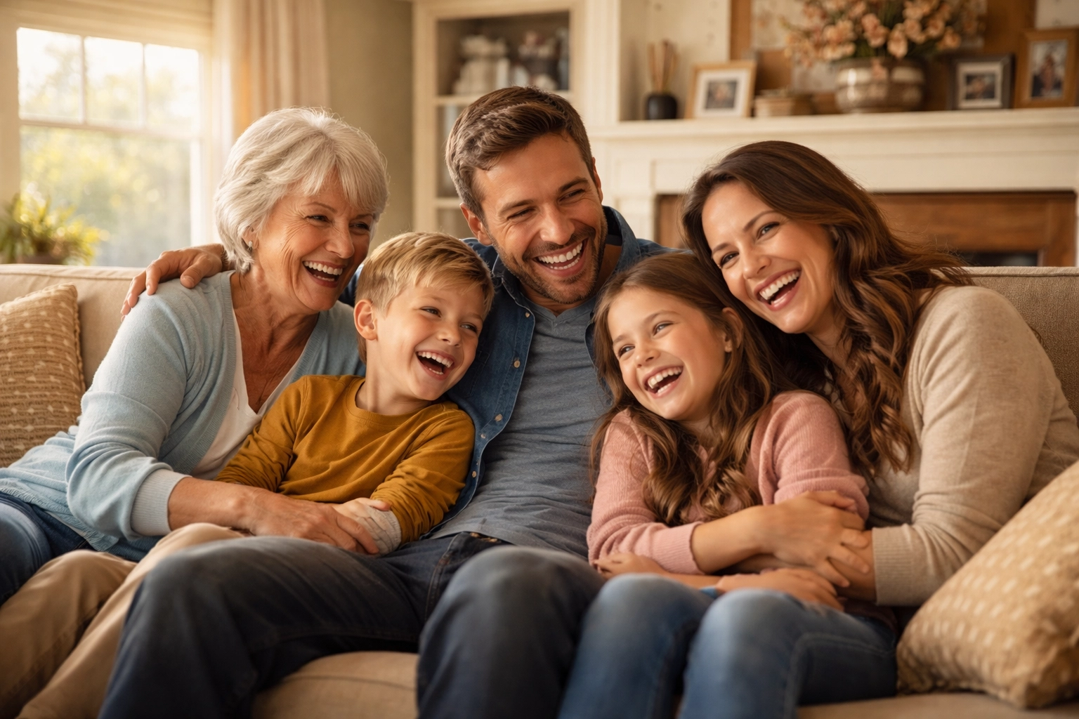 Smiling multigenerational family in a New England living room with winter light through the windows, showing the sense of stability homeowners want when protecting their mortgage and family finances.