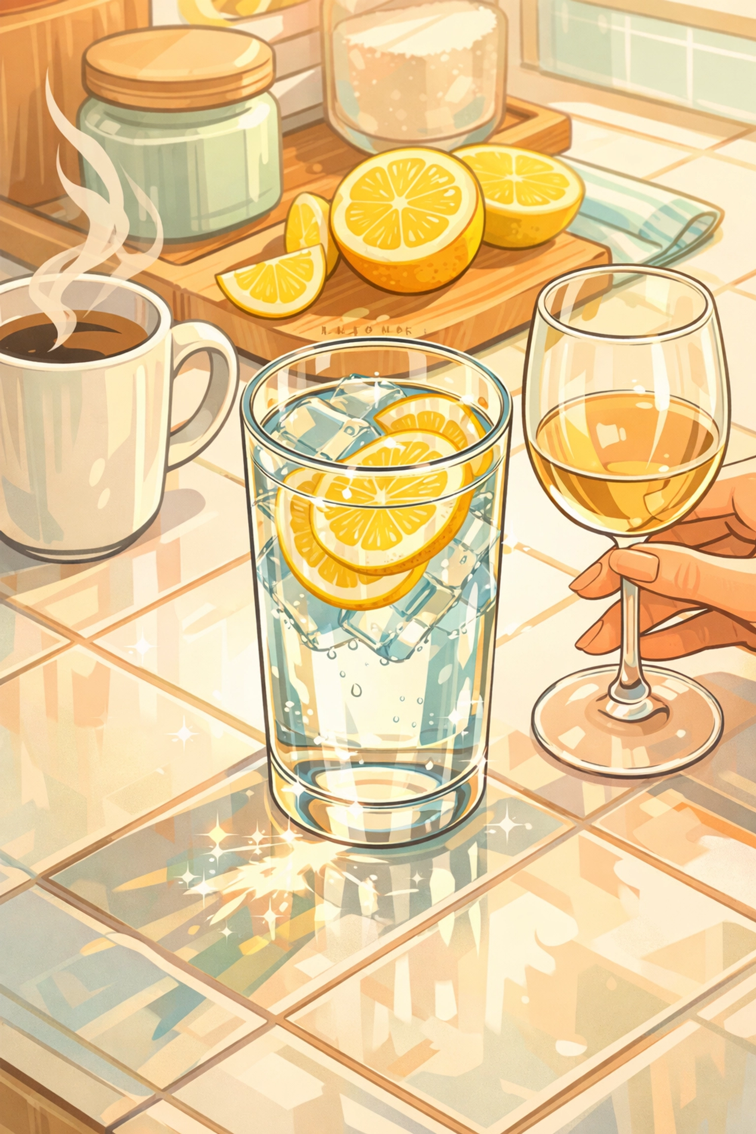 Glass of water with lemon replacing coffee and wine before a physical exam appointment
