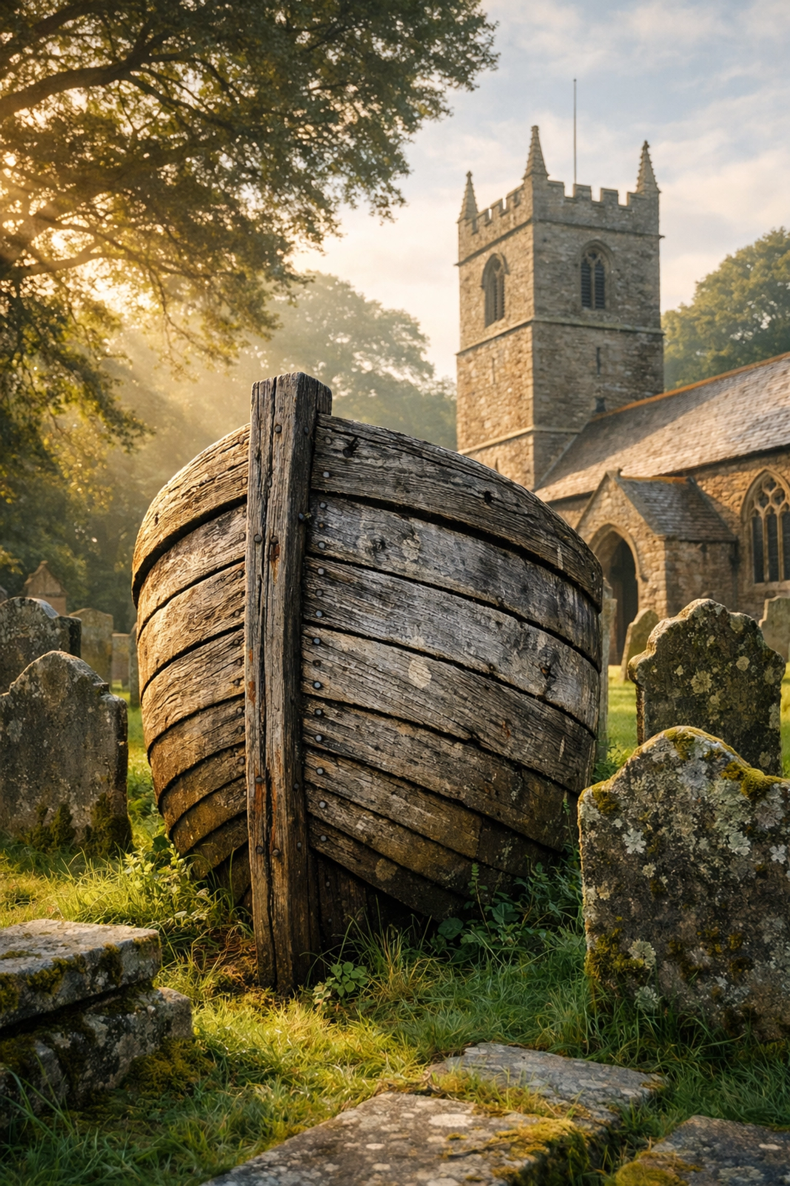 Historic rowing boat stern memorial in the peaceful St Mawgan parish churchyard, Mawgan Porth, Cornwall.