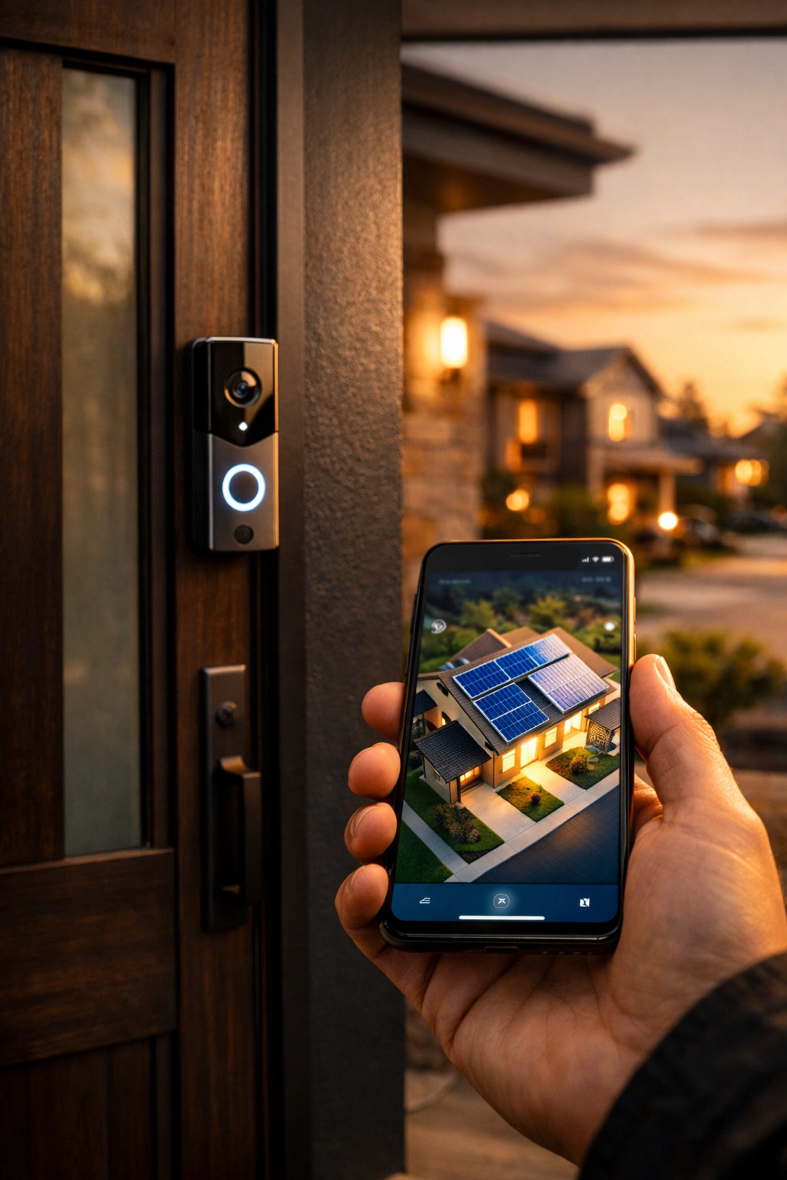 Hand holding a smartphone displaying a solar panel layout on a map in front of a residential home.