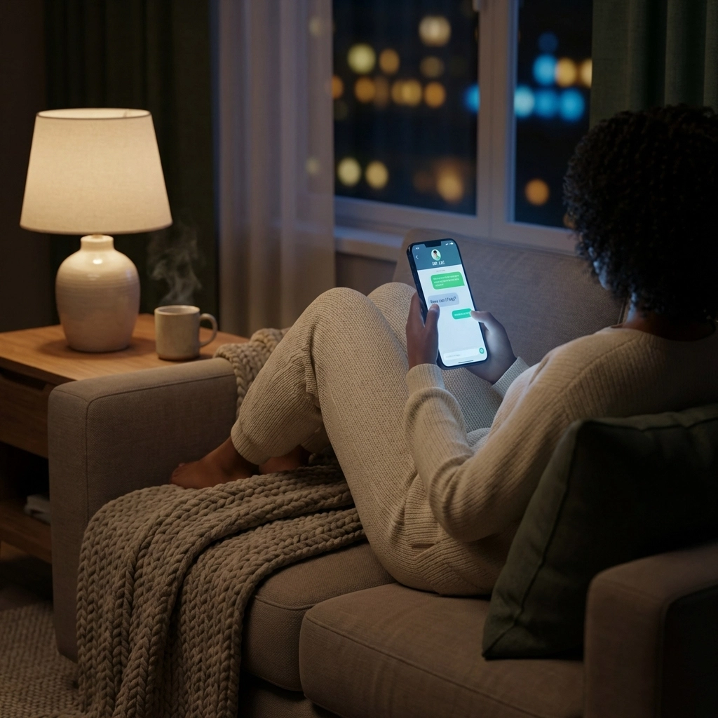 A person chats with an online doctor at night from home, highlighting secure 24/7 medical care via smartphone.
