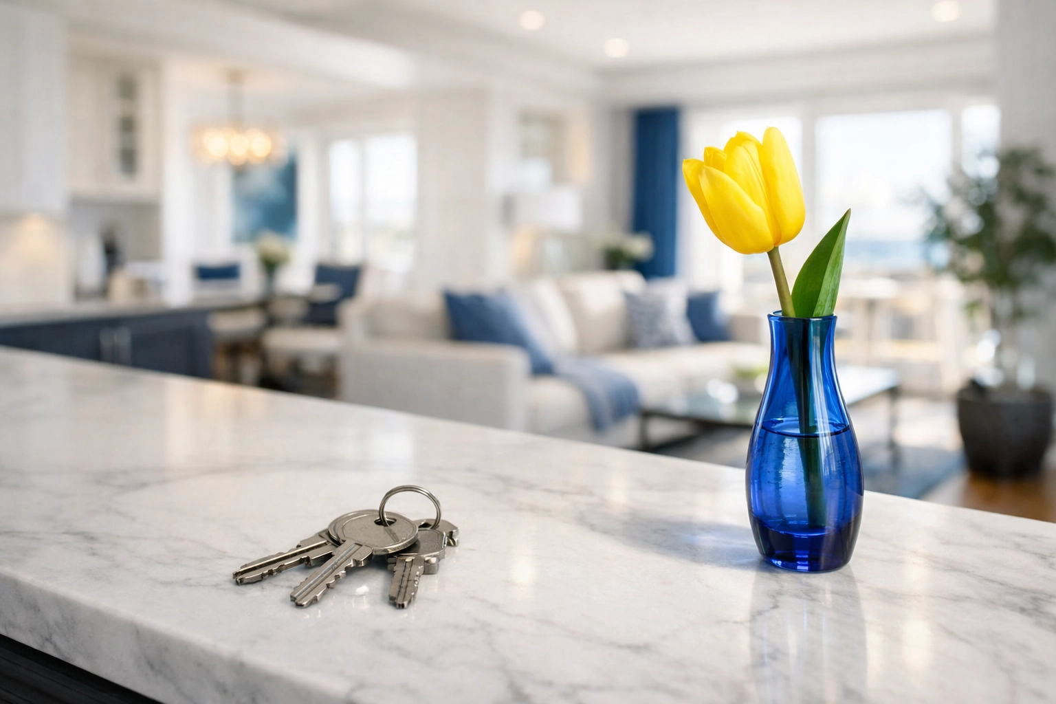 Apartment keys on a clean kitchen counter after a professional move-out cleaning to secure a security deposit.