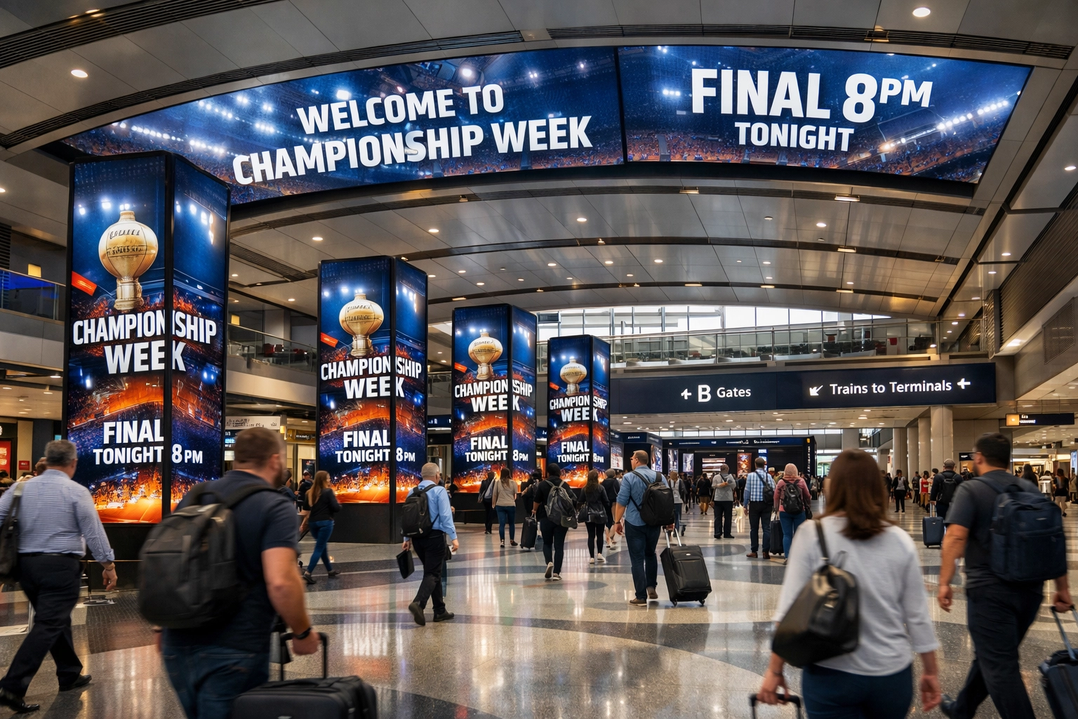 Digital out-of-home advertising screens and pillars in a busy airport during Super Bowl 2026 week.