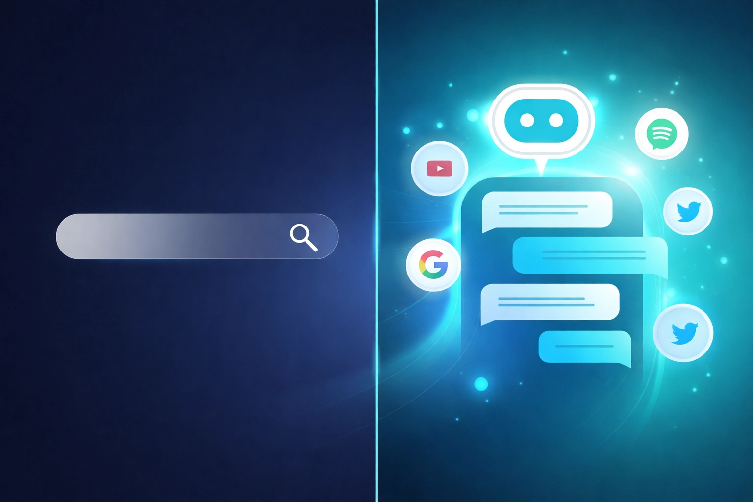 Split-screen illustration of traditional search versus AI chat to show the shift in brand discovery platforms