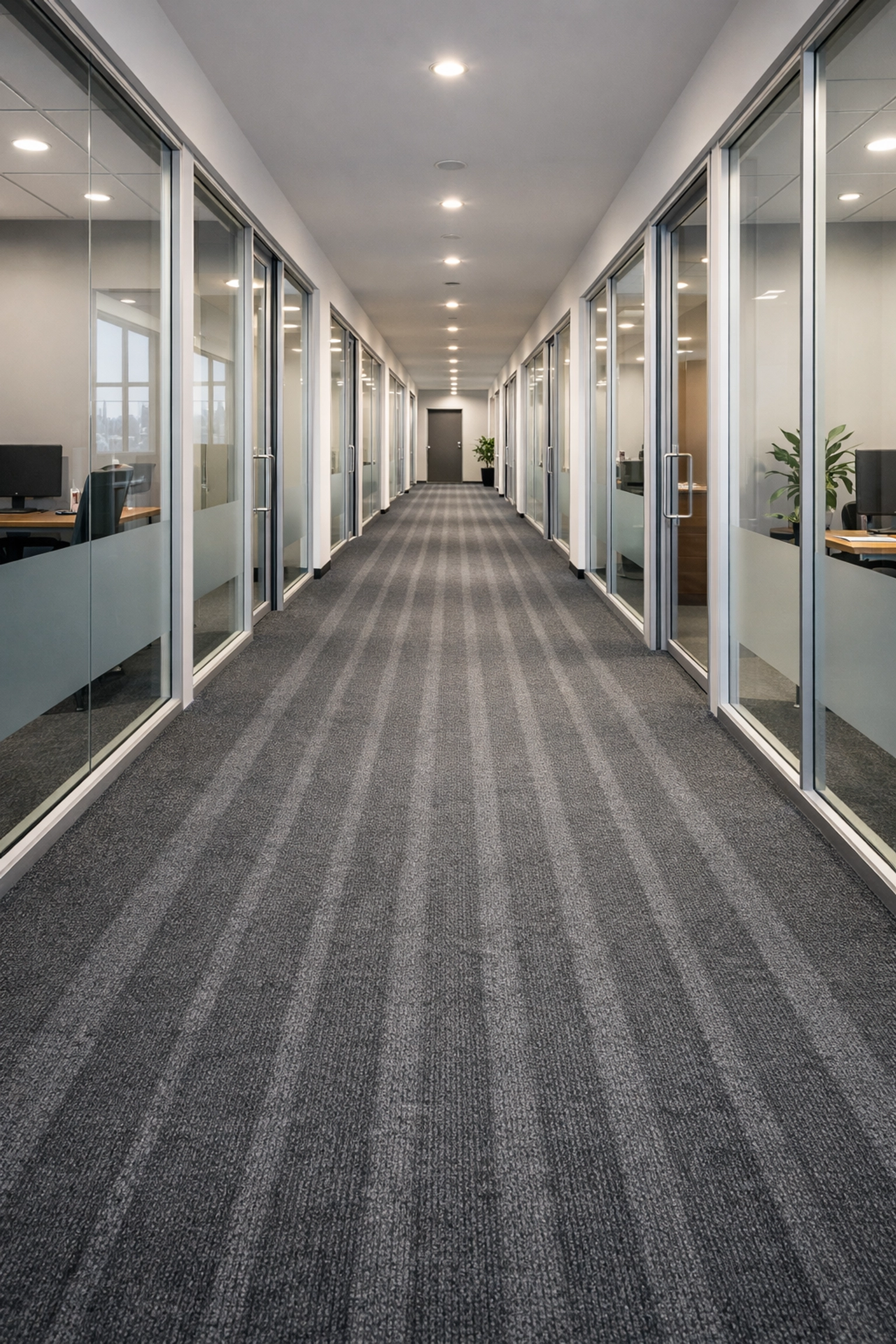 Meticulously vacuumed hallway in a modern metropolitan office highlighting the impact of deep cleaning.