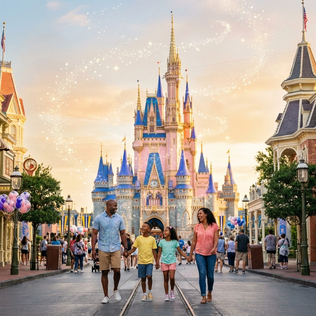 Diverse family walks toward Cinderella Castle at Walt Disney World, representing Disney Resort hotel stays for families.