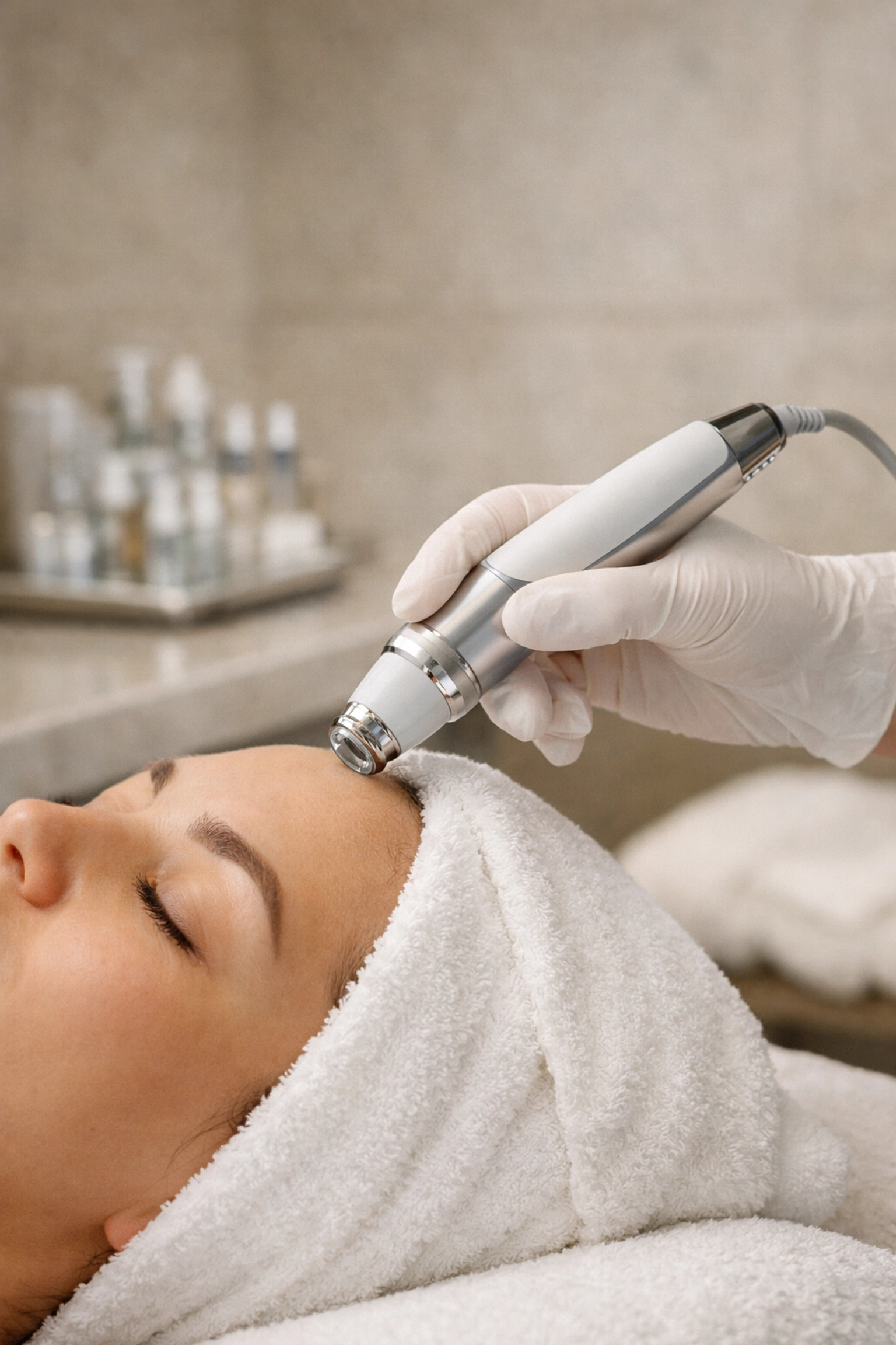 Professional aesthetician performing a medical-grade facial treatment in a modern spa setting.