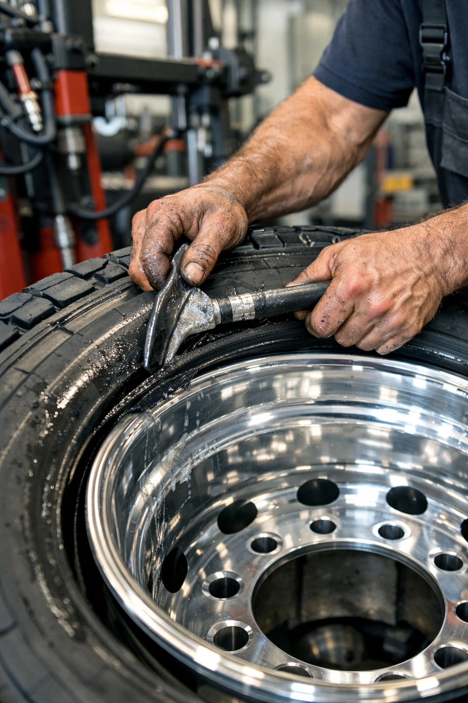 Technician mounting a commercial truck tire onto a rim to prevent bead leaks and tire damage.