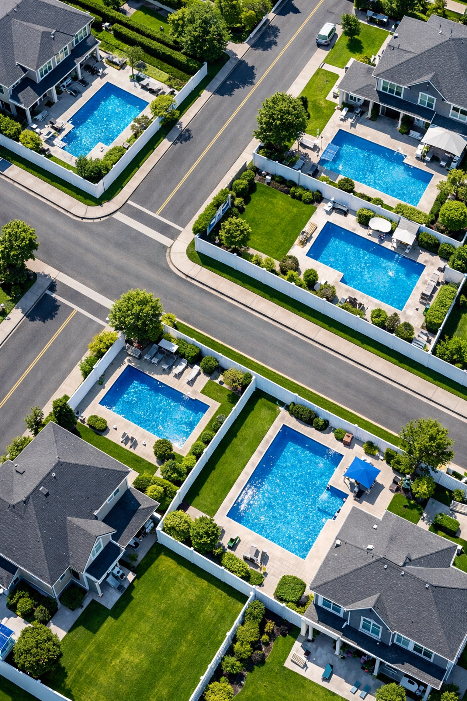 Bird's-eye view of suburban backyard pools showing a profitable and efficient pool service route.