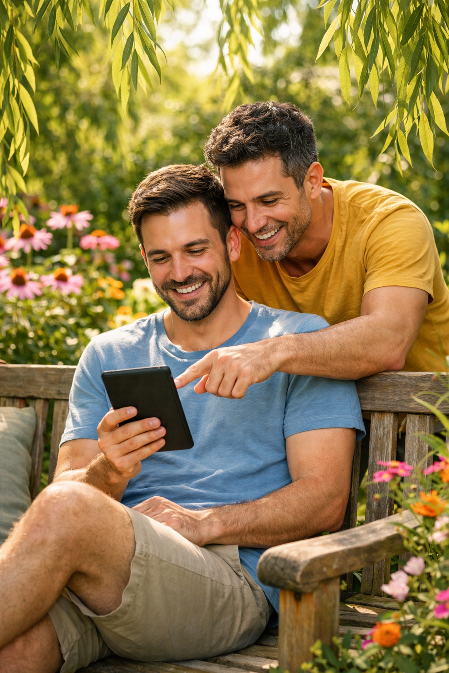 A gay couple reading an LGBTQ+ ebook together in a sunny garden, celebrating queer stories and nature.