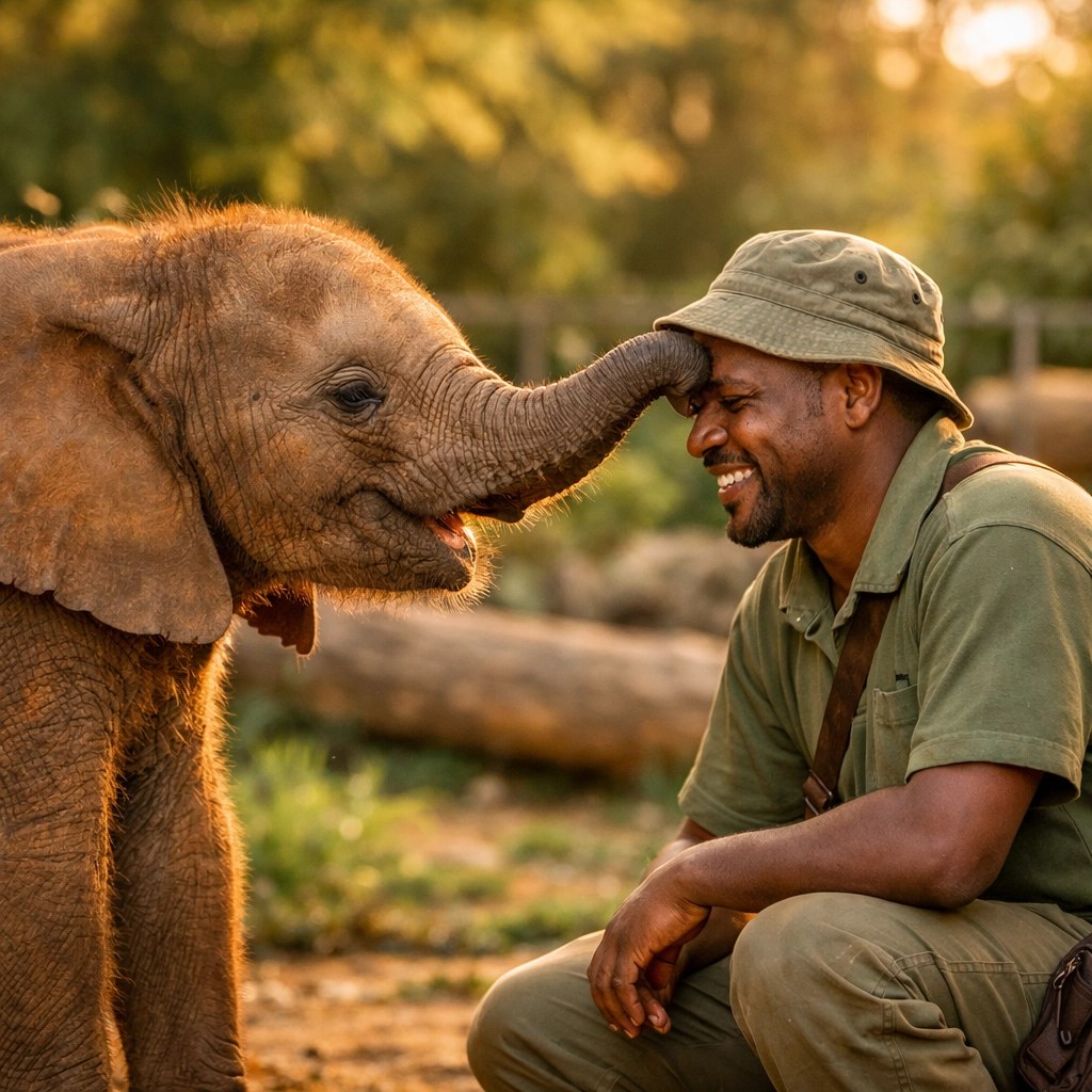 Zoo keeper training young elephant calf demonstrating conservation storytelling and animal care