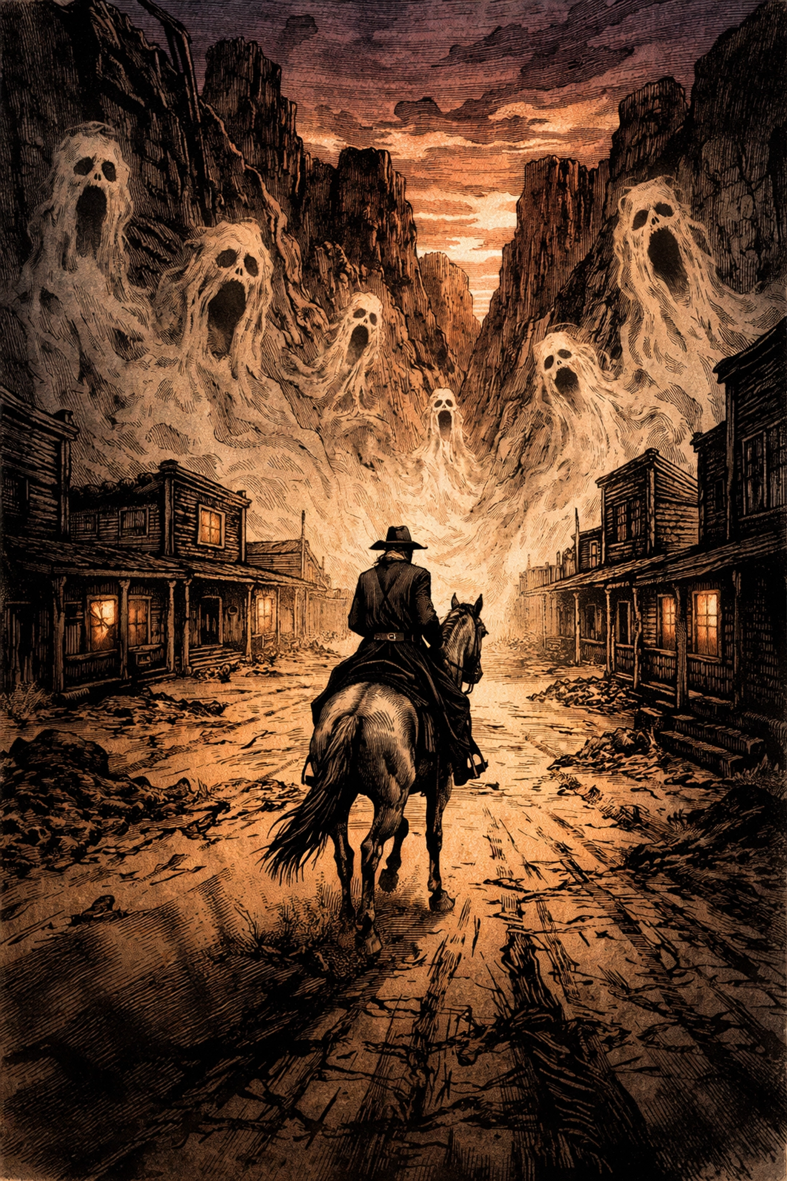 A lone rider on a pale horse approaches a ghost-haunted western town at dusk, setting the mood of this weird western story.