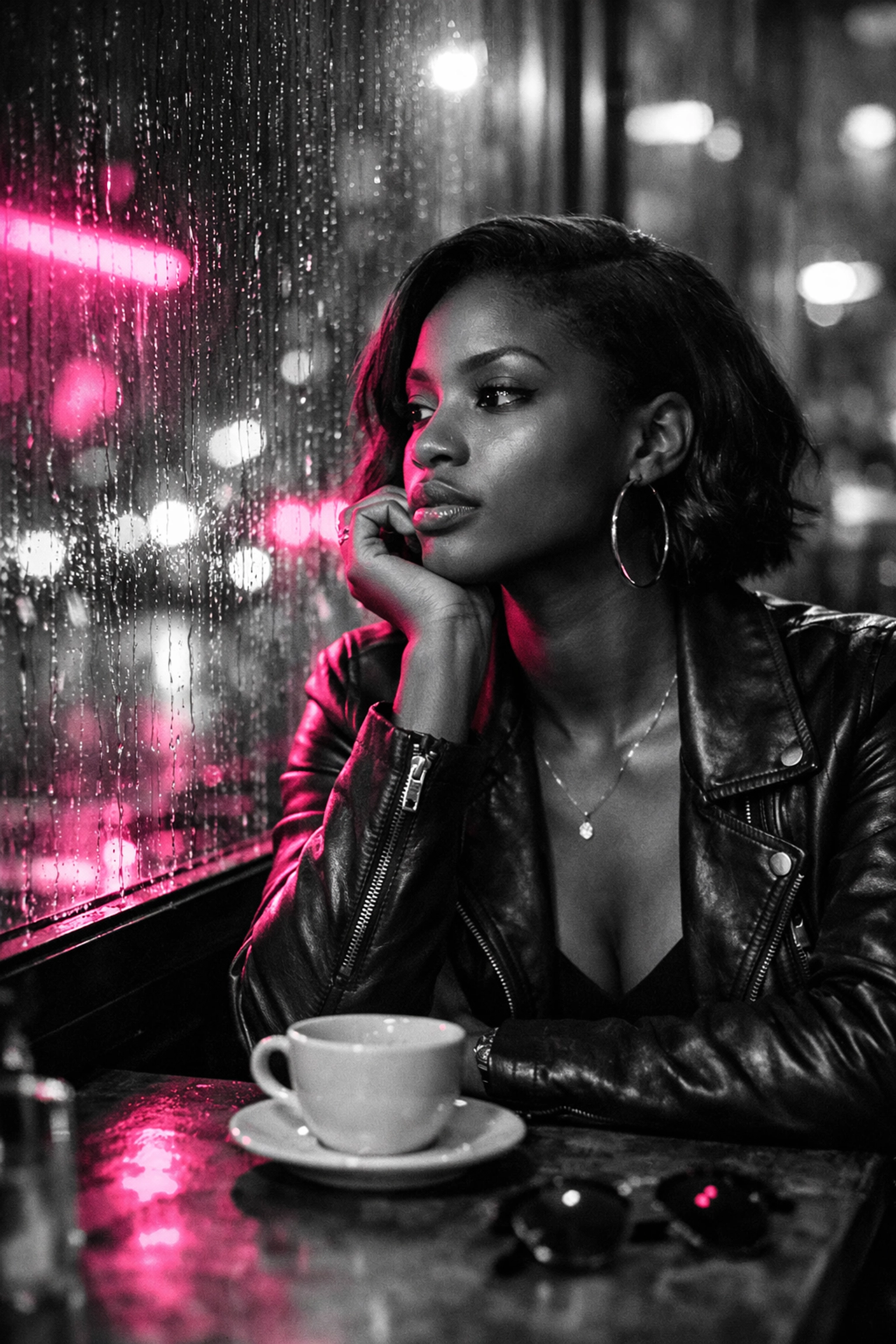 Young Black woman reflecting alone in urban café contemplating real love and relationships