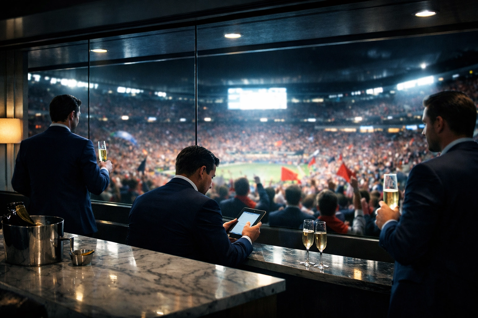 A luxury stadium suite with glass separating wealthy elites from cheering fans in the arena.