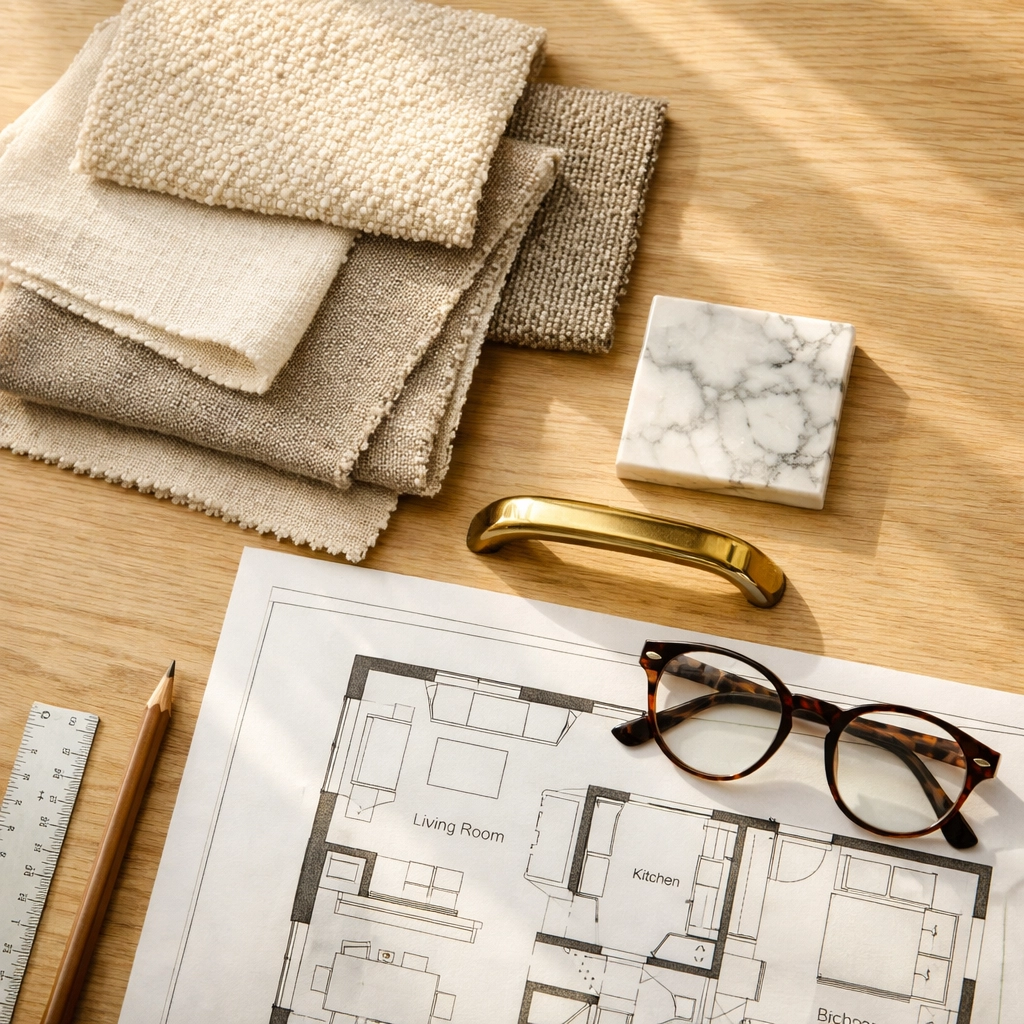 Bespoke planning by interior designers in Derby featuring luxury fabric samples and architectural floor plans.