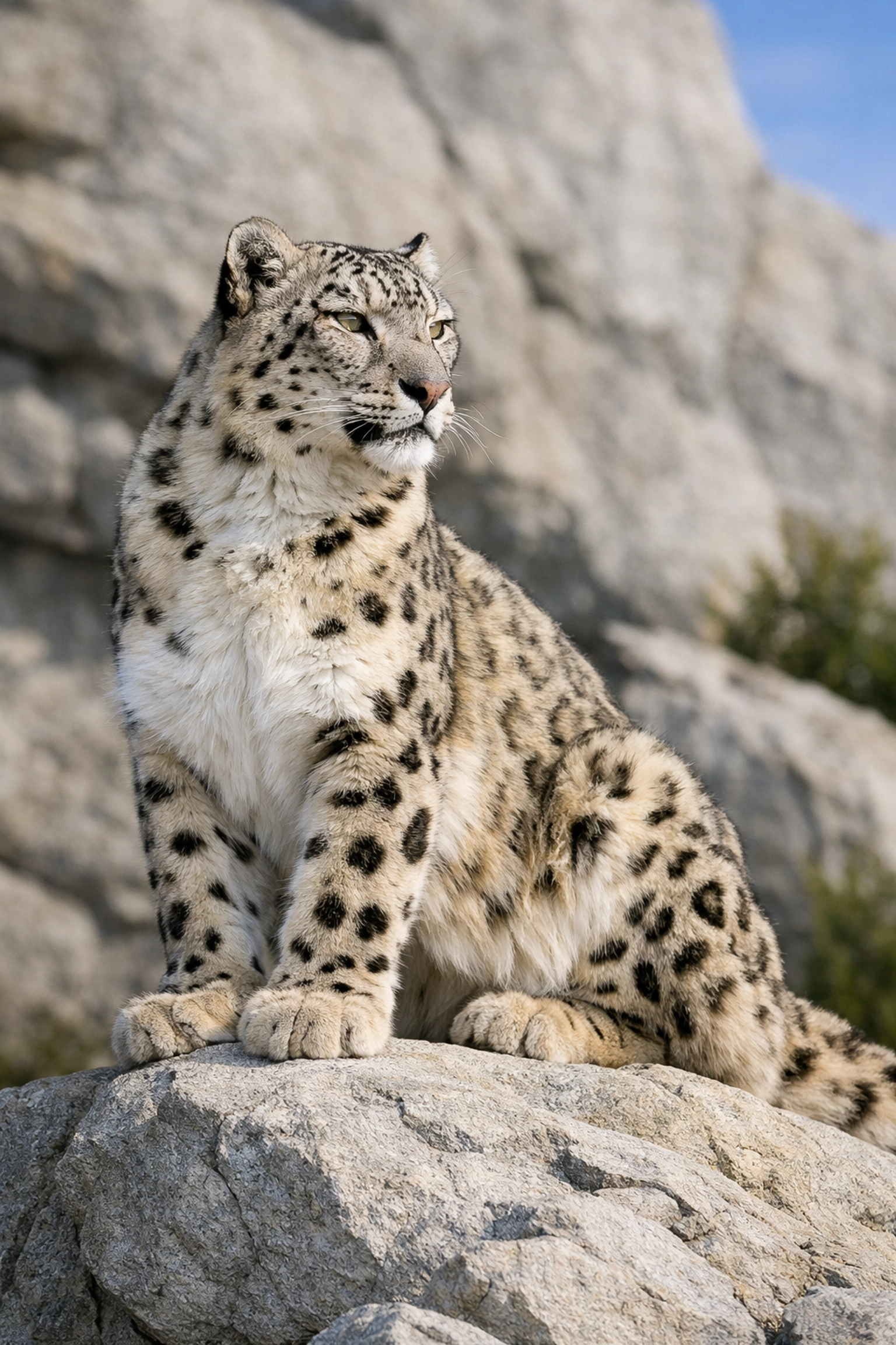 Professional stock photo of a Snow Leopard perched on a rock with a clean, natural background.
