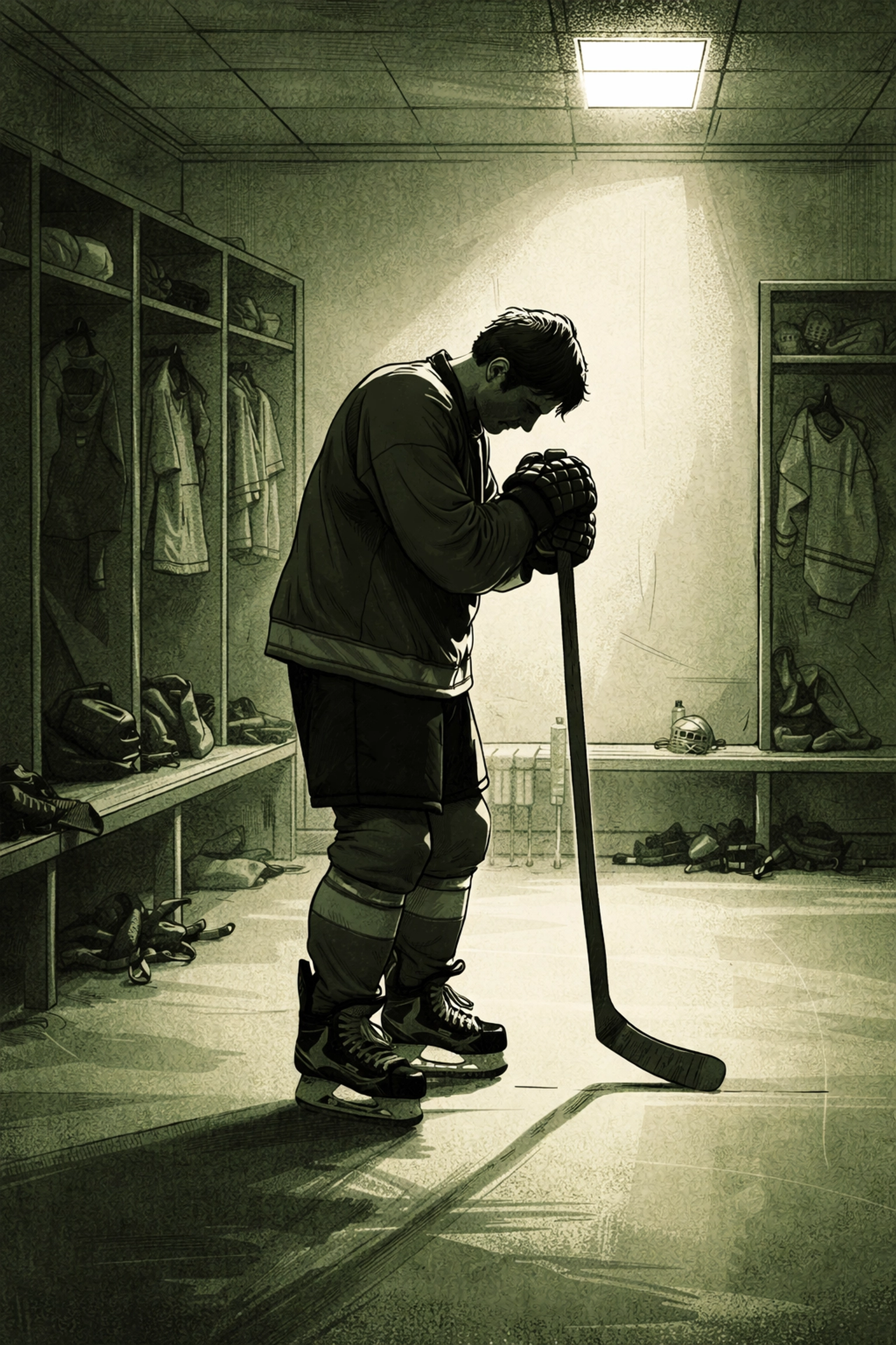 A solitary male hockey player stands in an empty locker room, illustrating the intense pressure and loneliness of pro hockey in On Thin Ice.