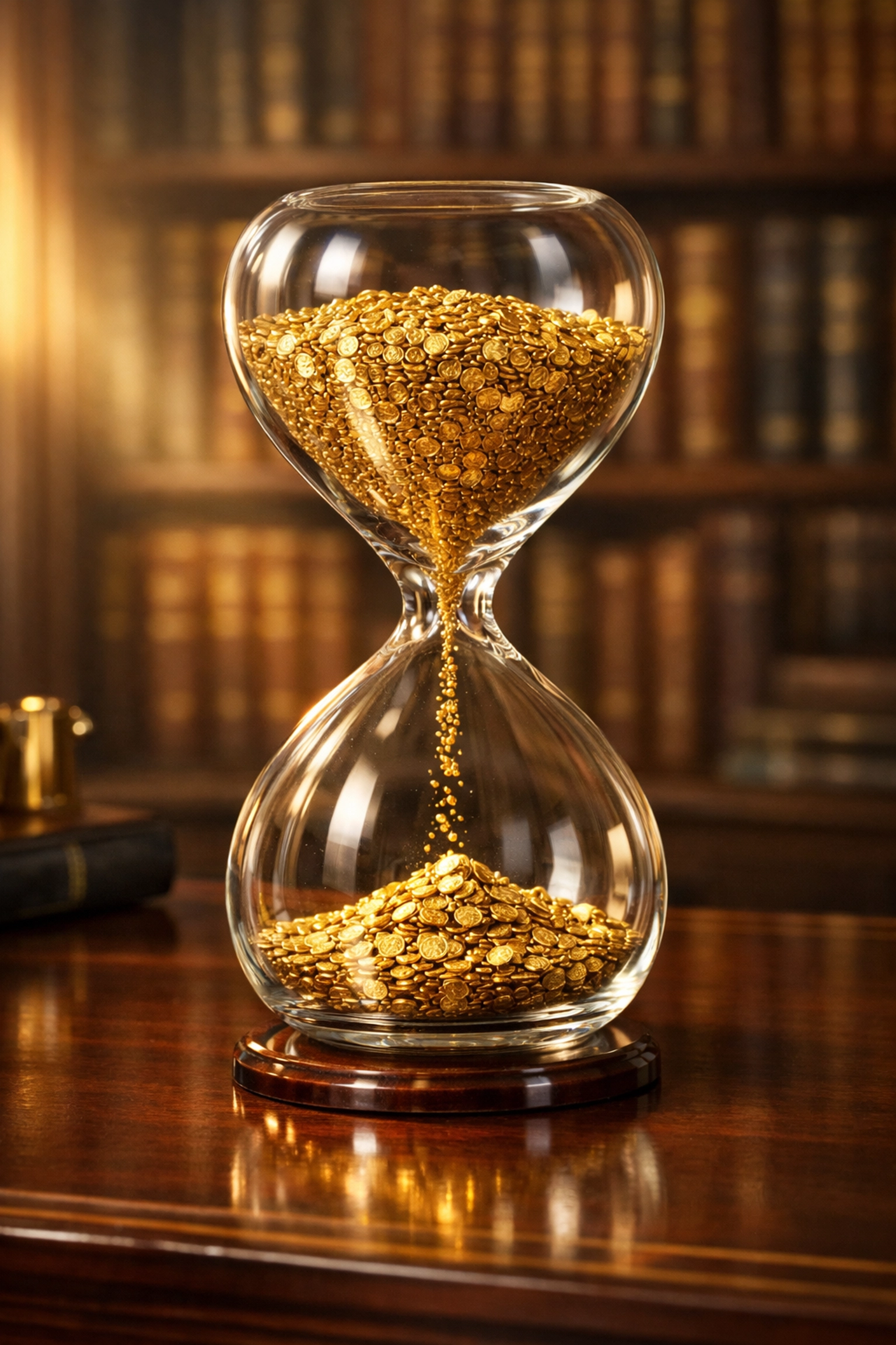 Hourglass with gold coins representing long-term savings and the refinance break-even point.
