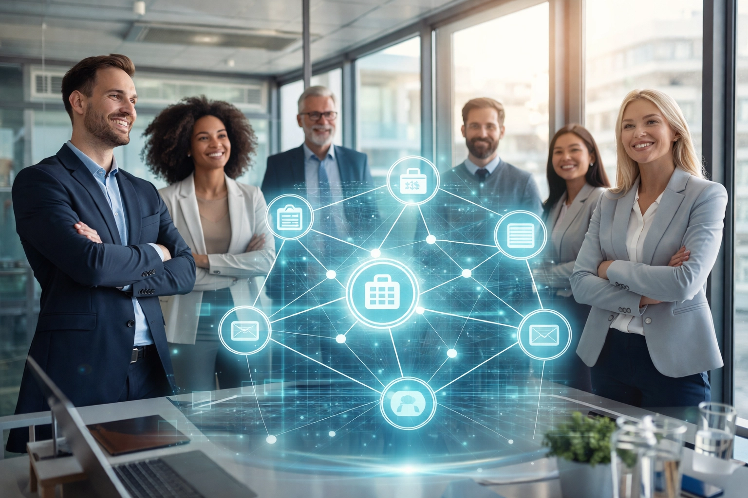 Business team viewing interconnected agentic AI agents managing automated workflows