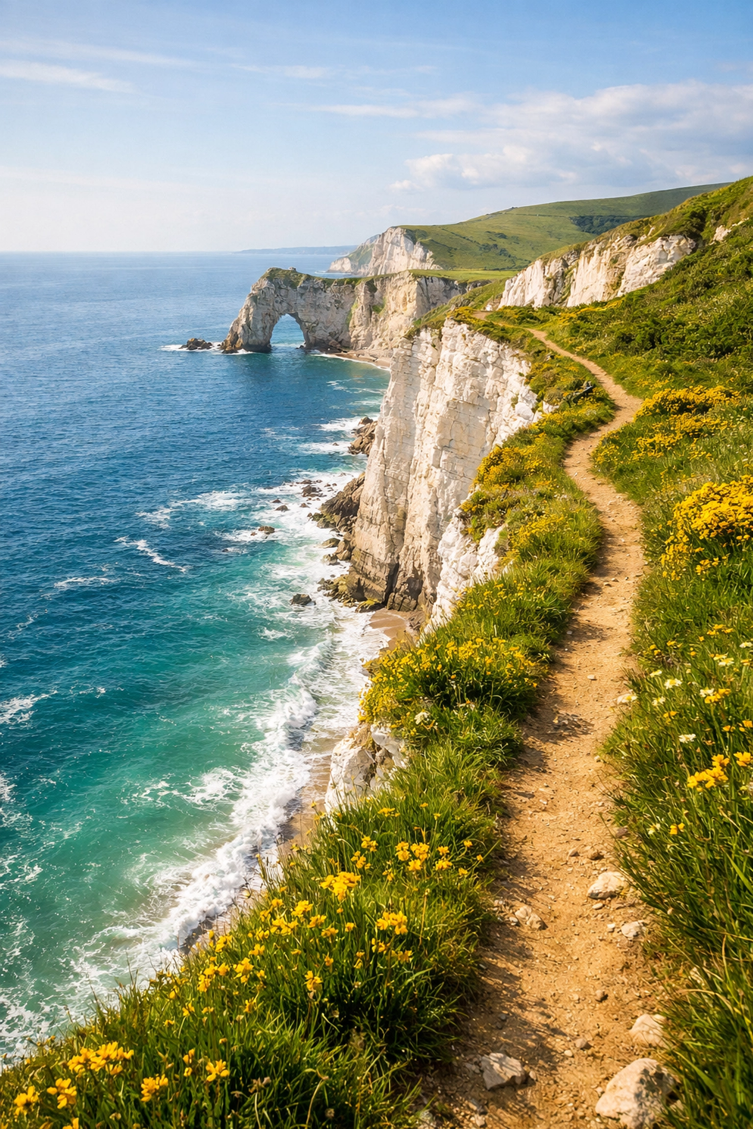 A scenic cliffside trail along the Jurassic Coast with views of the white chalk cliffs and ocean.