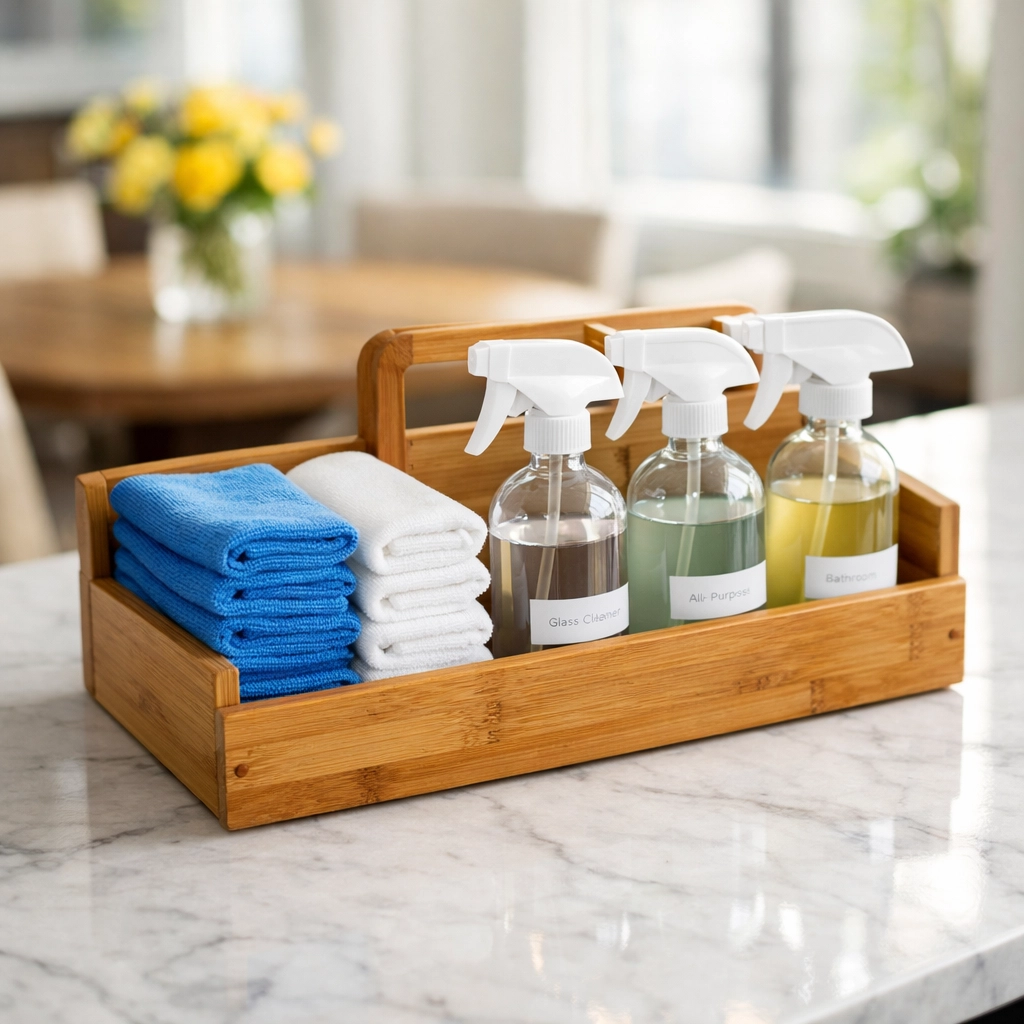 Expert maid service Cambridge cleaning a modern marble kitchen with eco-friendly products.