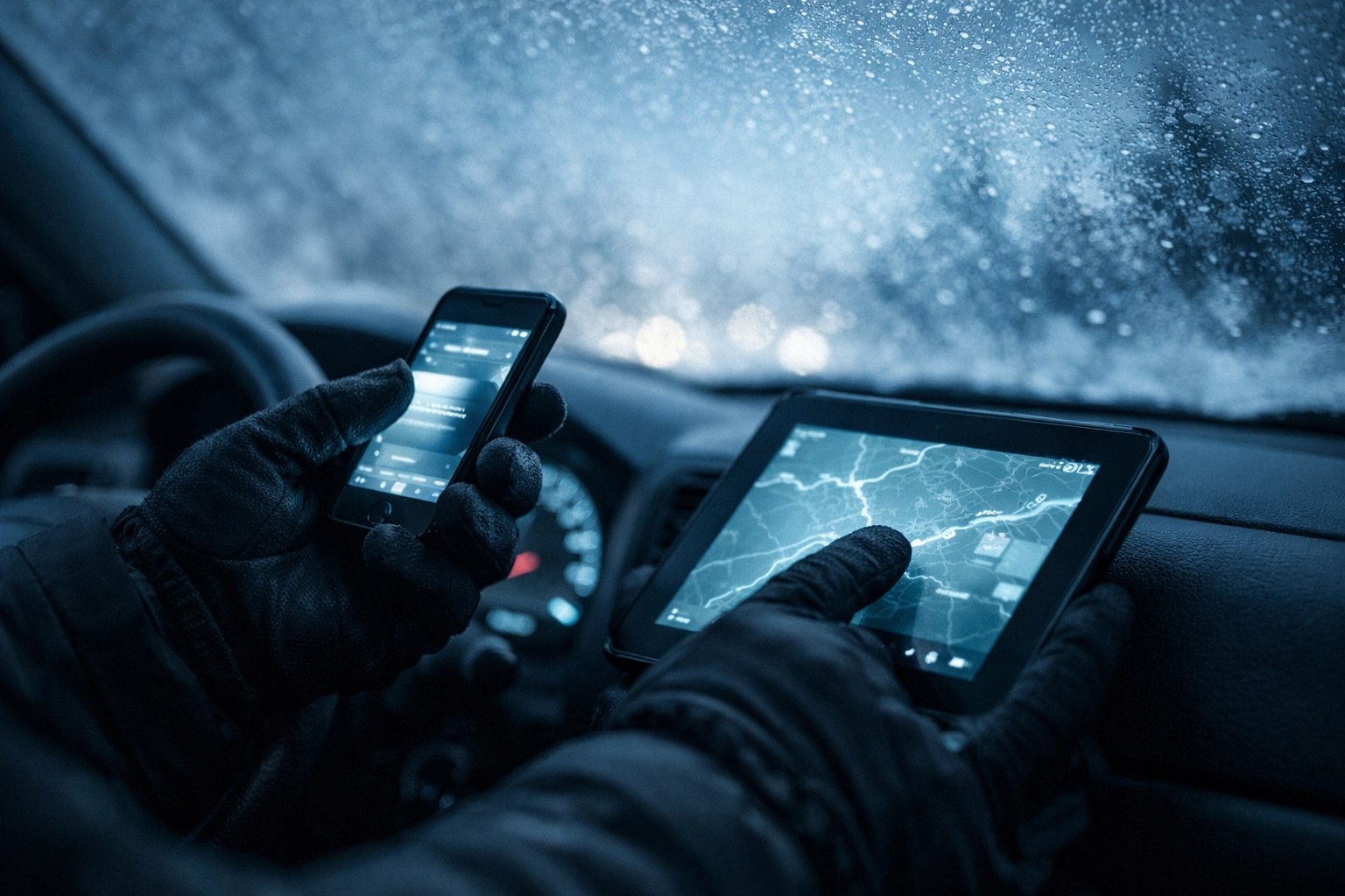 Alaska mobile notary using touchscreen gloves to check phone and tablet in winter vehicle