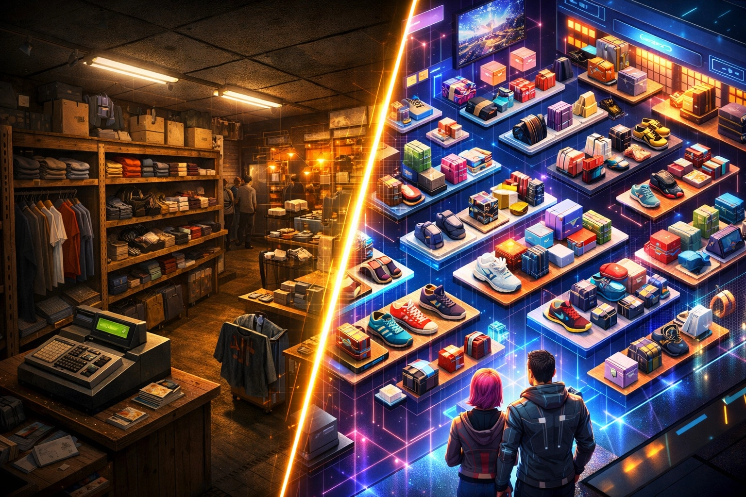 Side-by-side comparison of traditional retail store versus expansive metaverse virtual storefront with unlimited inventory