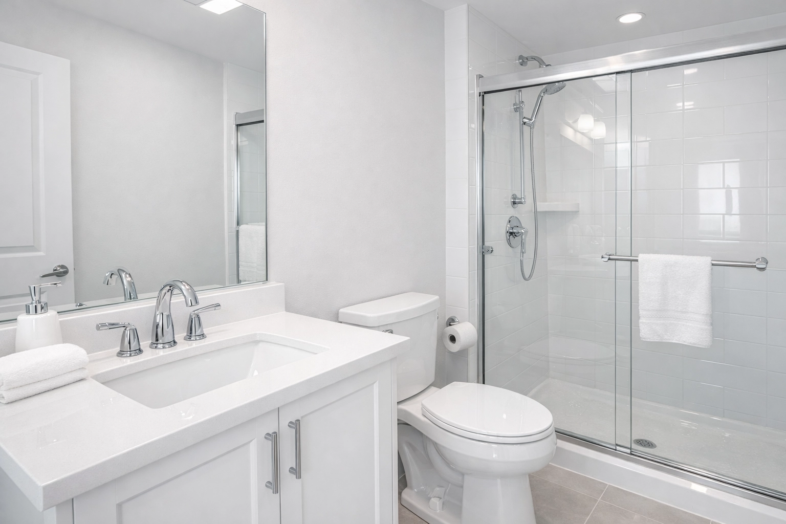 Spotless modern bathroom with white fixtures and chrome faucets ready for apartment turnover