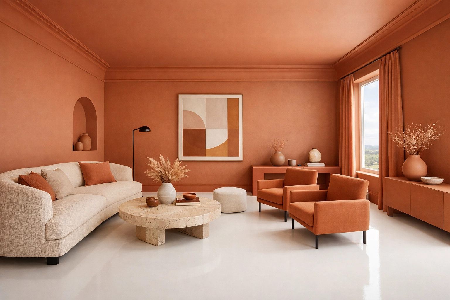 Inviting Gloucestershire living room featuring warm terracotta colour capping and modern decor.