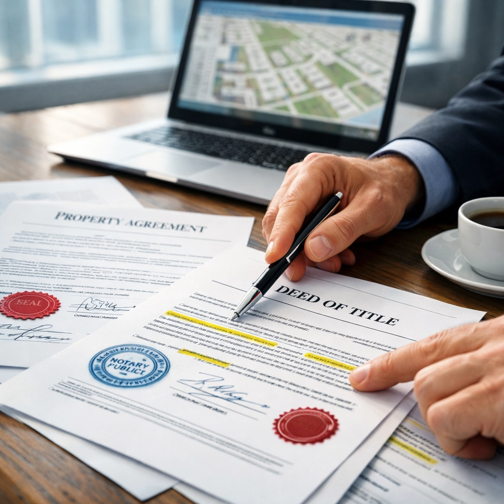 Title company professional reviewing property documents during title search