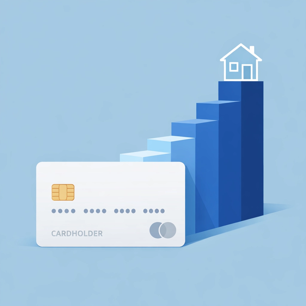 Escalera de puntaje crediticio subiendo hacia una casa para ilustrar cómo mejorar mi credito.