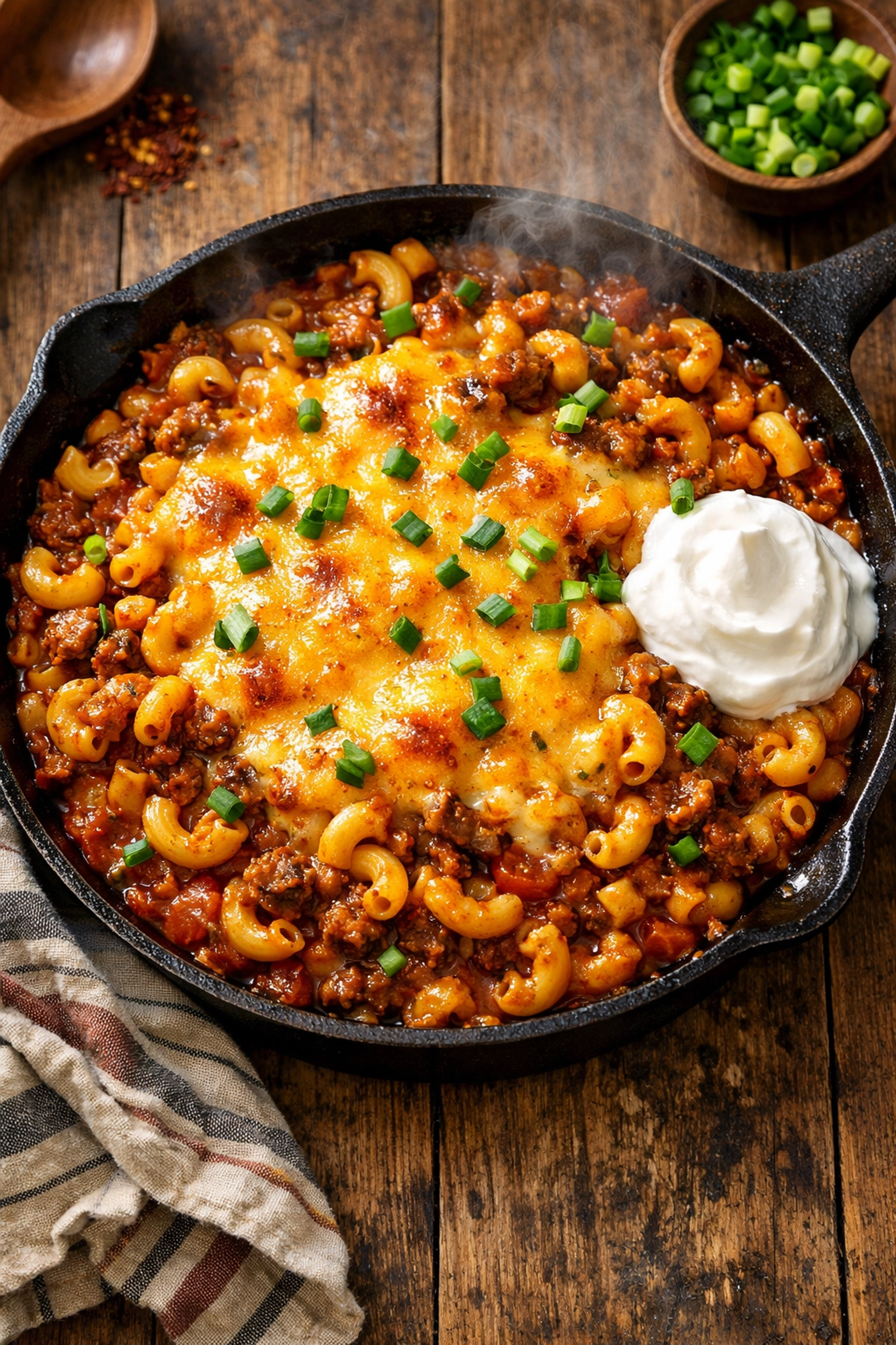How to Create an Easy Weeknight Dinner in Under 30 Minutes (With Only 5 Ingredients) One-pan chili mac with melted cheddar cheese in cast iron skillet - easy weeknight dinner