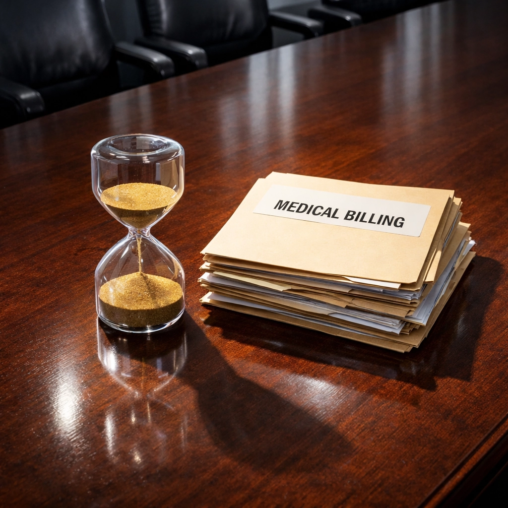 Medical billing folders and an hourglass on a boardroom table representing financial claim delays.